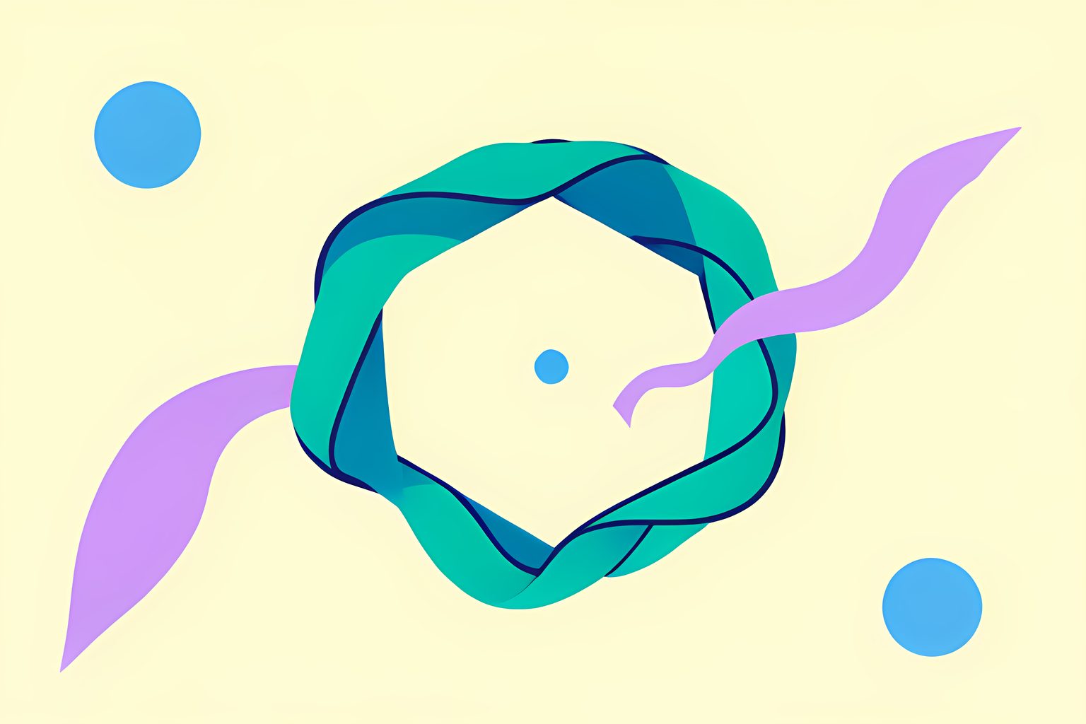 A stylized diagram of a six-sided ring of flowing wind drawn as teal ribbons tracing a hexagon around an empty center, on a warm cream field.