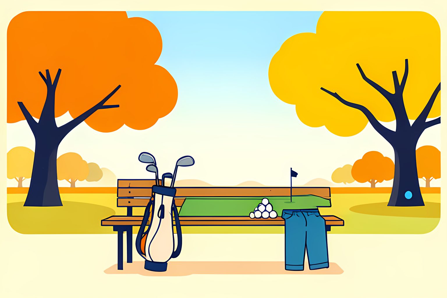 A sunny flat illustration of a Texas practice range in the morning: a small child-sized golf bag with short clubs leaning on a wooden bench beside a neatly folded pair of long trousers, a pyramid of range balls, oak trees and a distant flag under a big bright sky.