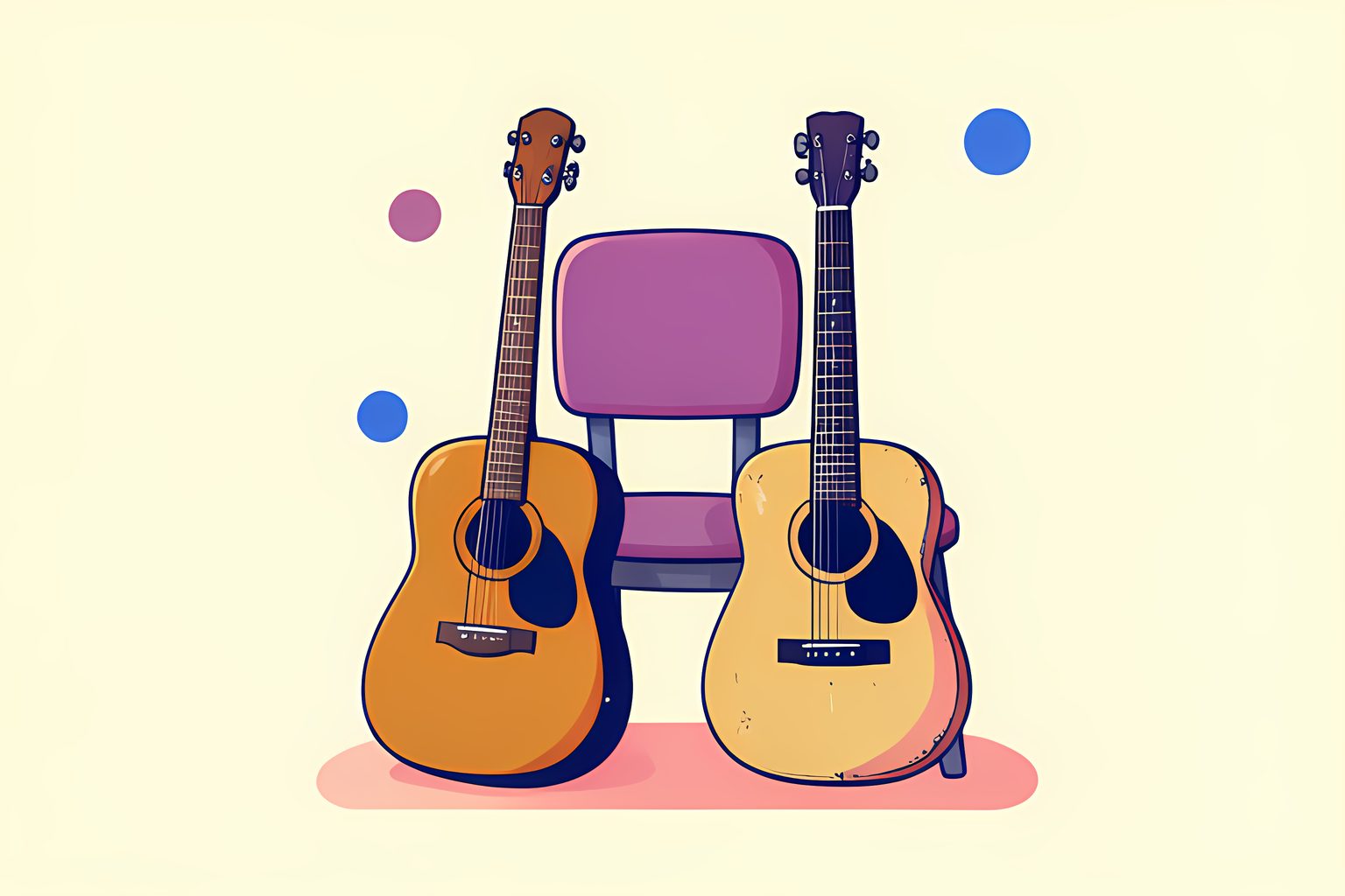 A text-free still life of two different acoustic guitars leaning against a plain chair, one glossy and one worn, on a low table in warm side light, with a small round blue dot tucked in the corner.