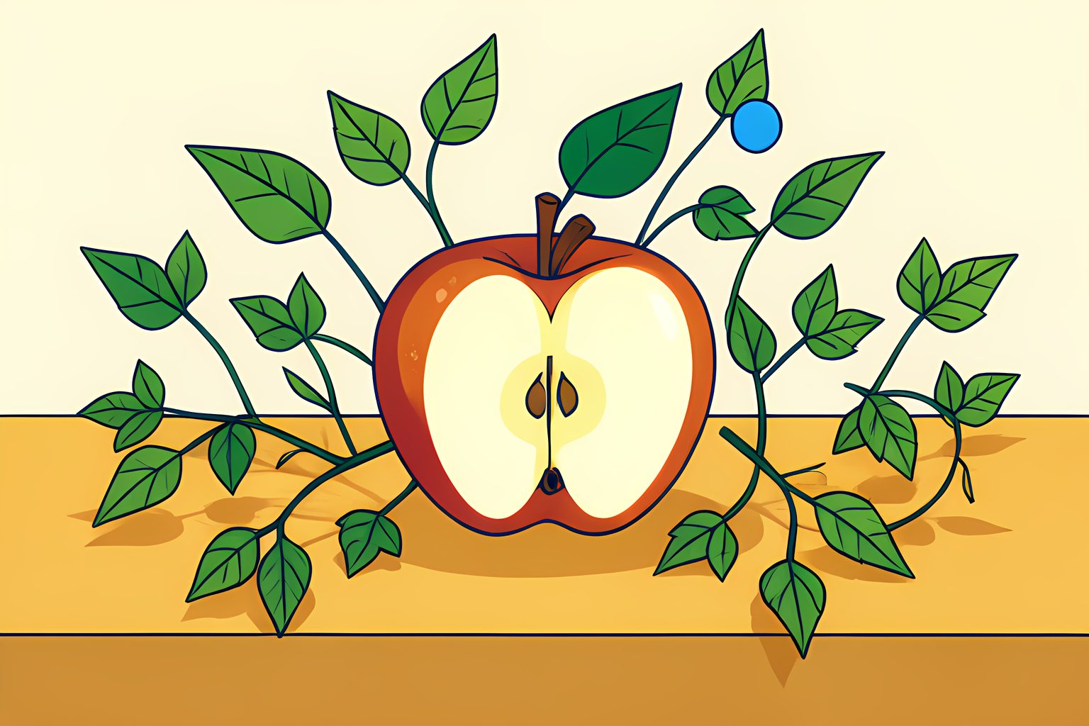 A stylized visual metaphor showing a split apple with golden seeds radiating outward into diverse leafy branches on warm cream with a small blue dot