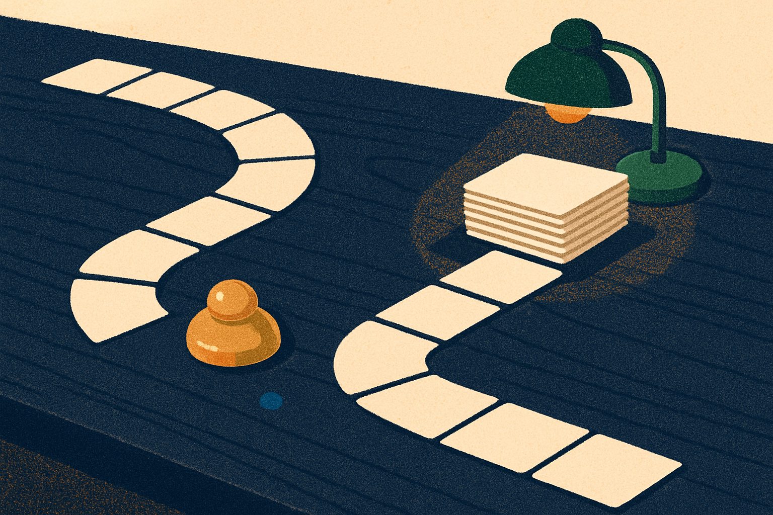 Blank paper cards form two paths across a desk, with one stack neatly completed under a green lamp.
