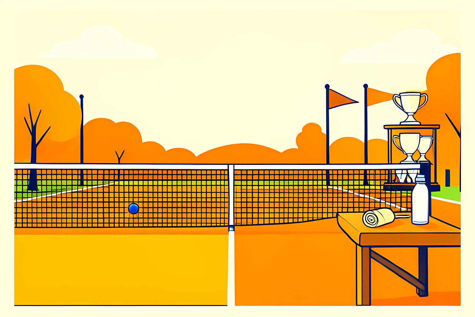A bright flat illustration of a sunlit tennis court seen from above the baseline, a single tennis ball resting just over the net after a soft drop shot, with a trophy cabinet and a wrist wrap on a bench at the edge.