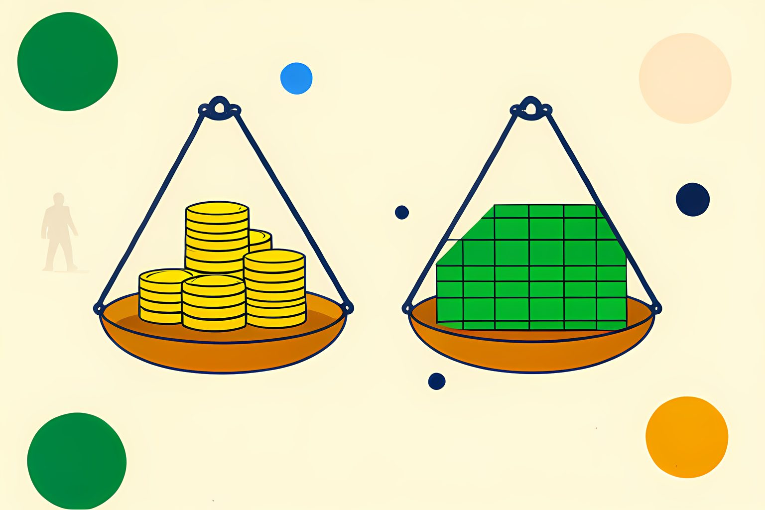 Two balanced measuring pans in warm morning light comparing a stack of thirty golden coins against a broad green grid with a small blue dot