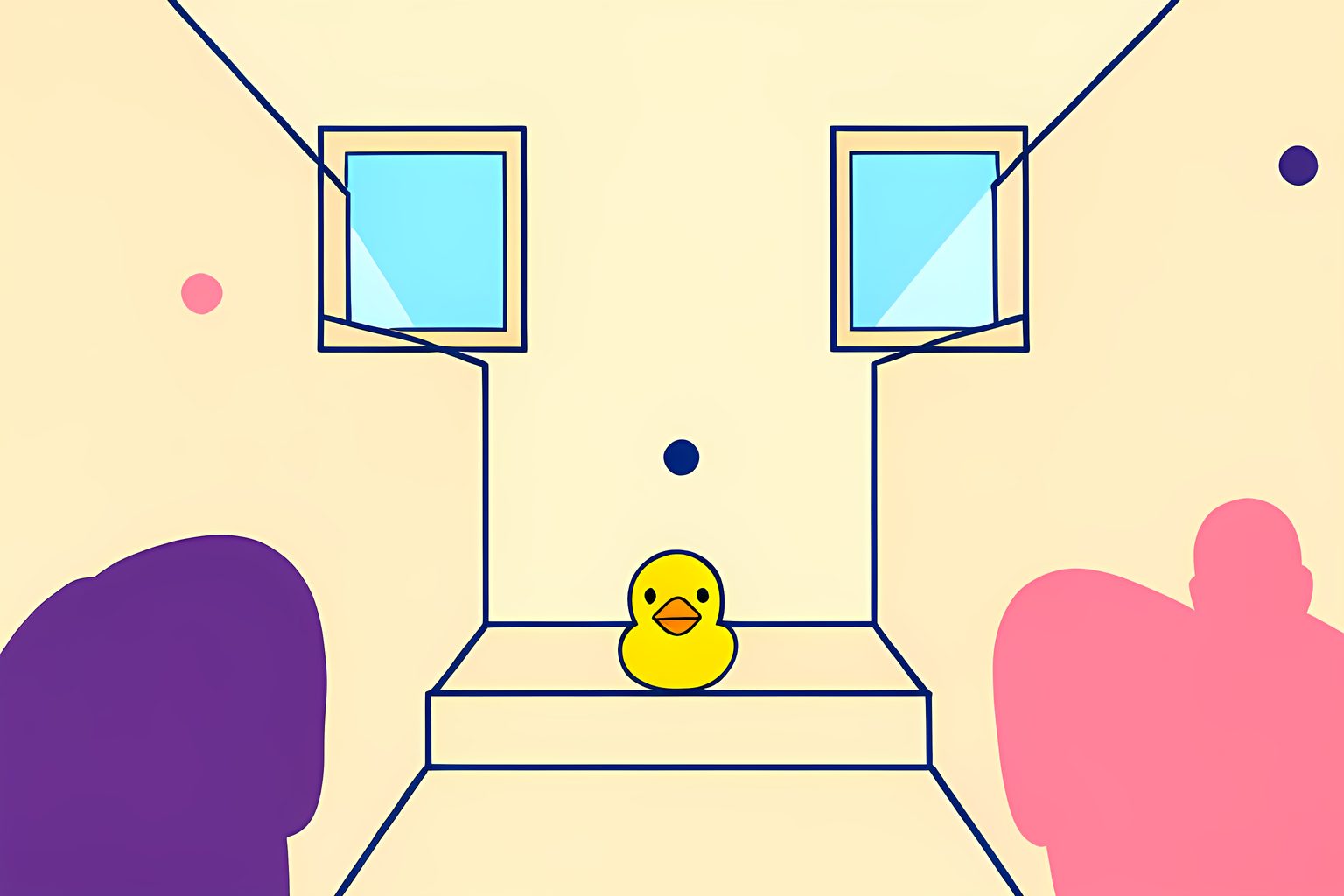 Stylized illustration of two blank winding paths circling a small blue duck-shaped candy dispenser beside an underground stairwell.
