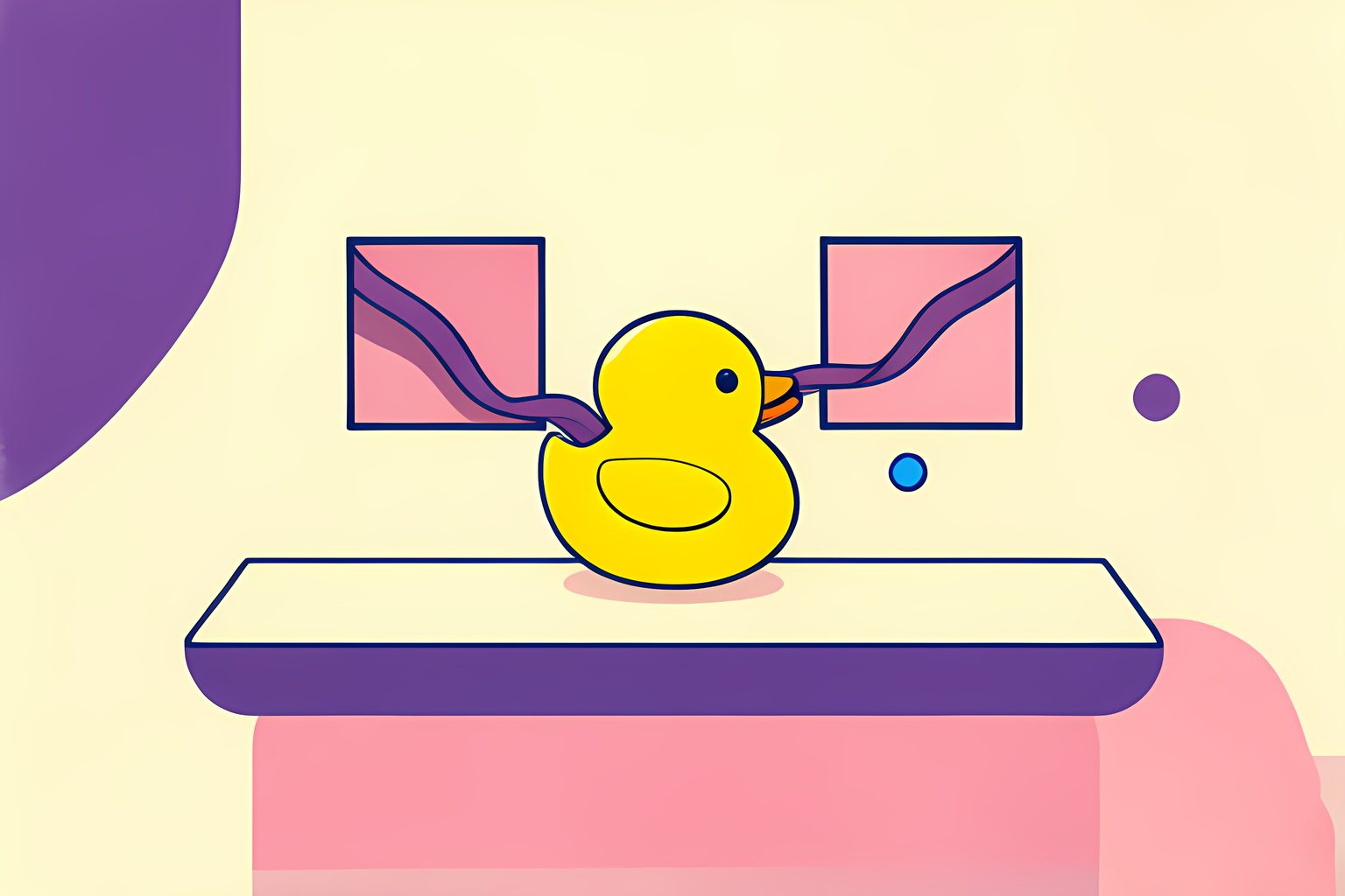 Stylized illustration of a small blank duck-shaped candy dispenser resting on a sunlit shelf with a curling plum ribbon linking two tiny windows.