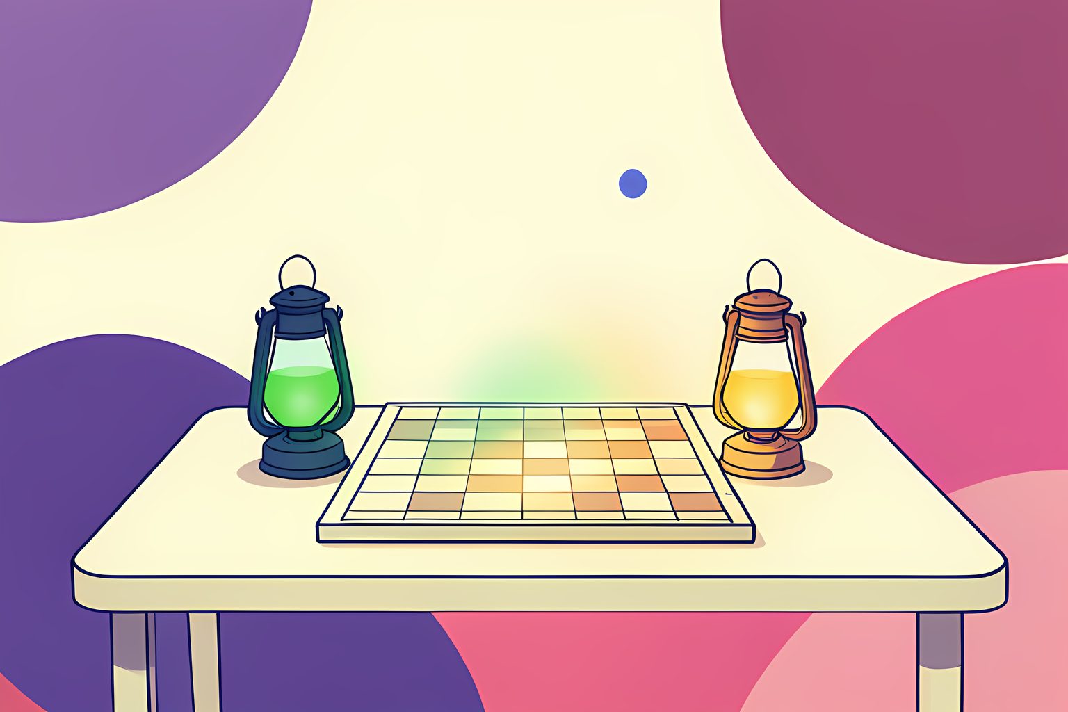 A green glass lantern and a yellow glass lantern facing each other across a sunlit chessboard, casting overlapping colored light.