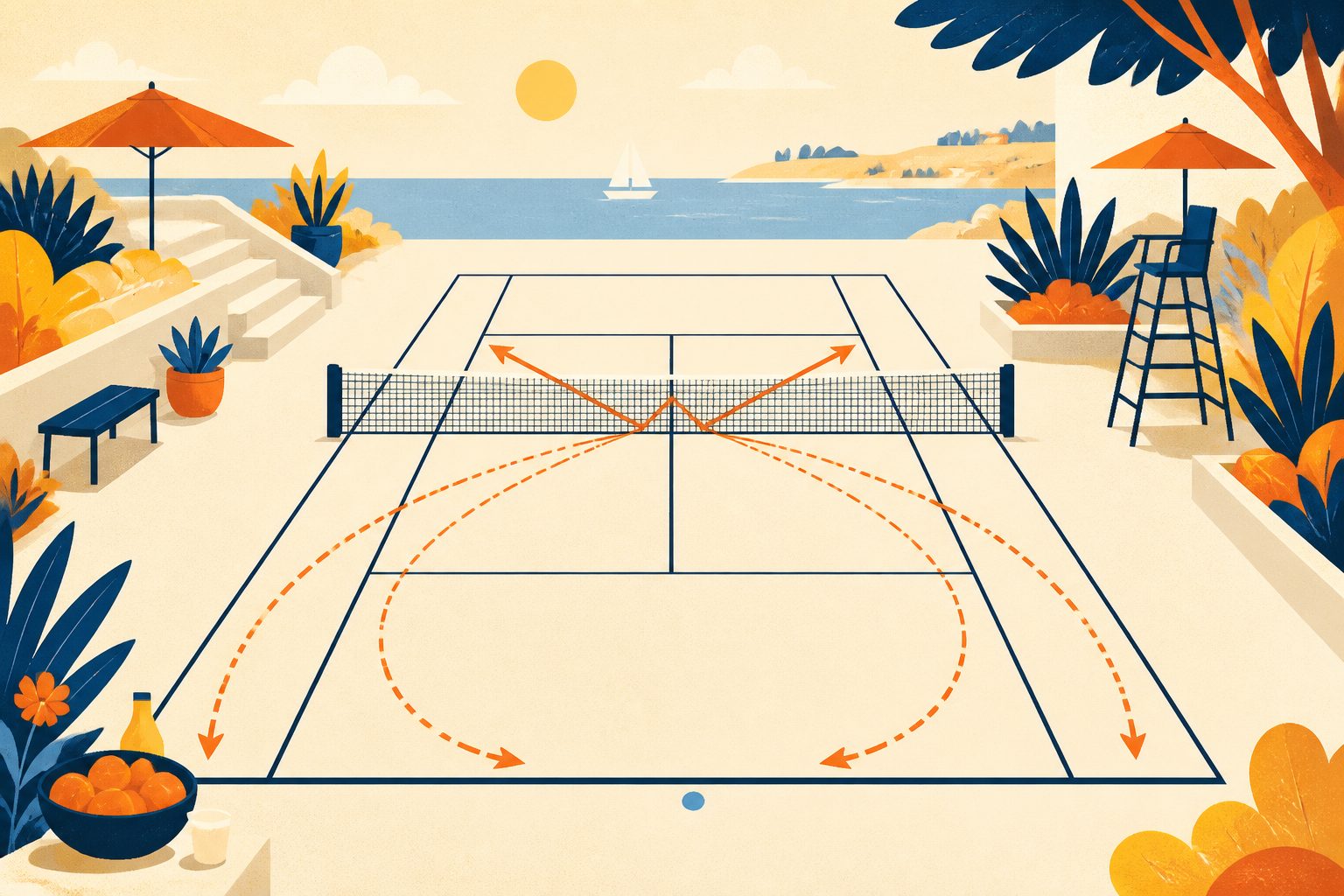 A vibrant visual metaphor showing a split tennis court graphic with two stylized rackets balancing angled trajectory arcs in orange and gold.