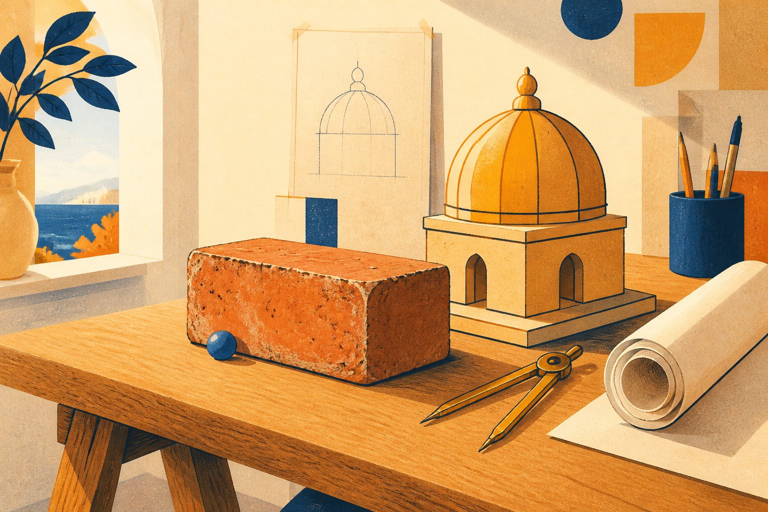 A low tabletop still life showing an antique red brick and a sleek architectural dome model resting beside blueprint sketches