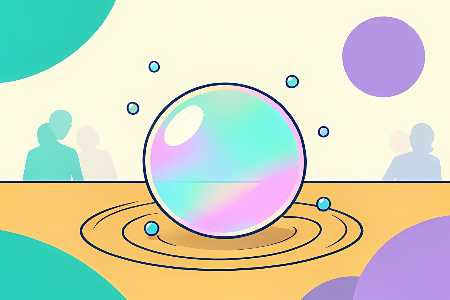 A large iridescent soap bubble glowing with soft-violet and teal reflections on a clean wooden table beside clear water droplets in bright morning light.