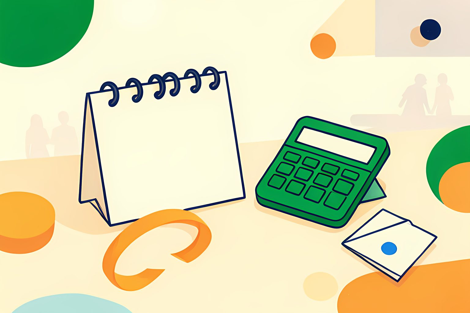 A blank calendar card and green calculator beside a small stack of envelopes, one opened under an amber ribbon.