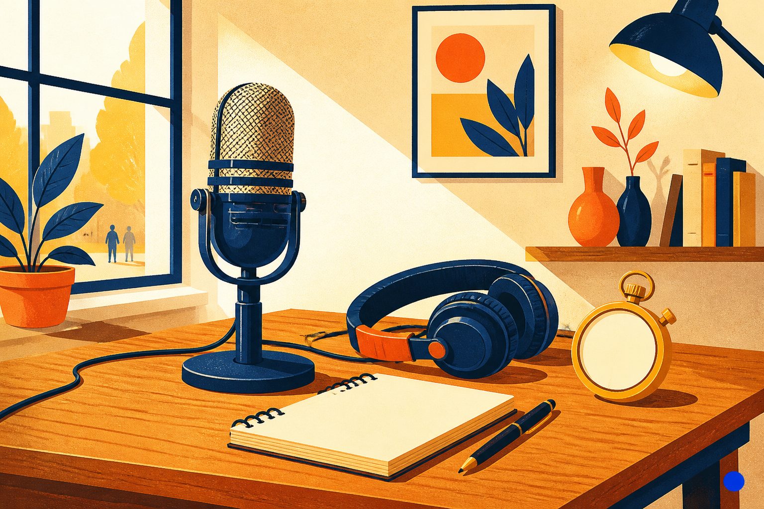 A stylized vintage microphone resting neatly beside a pair of studio headphones and a tactical clipboard on a warm cream wooden desk.