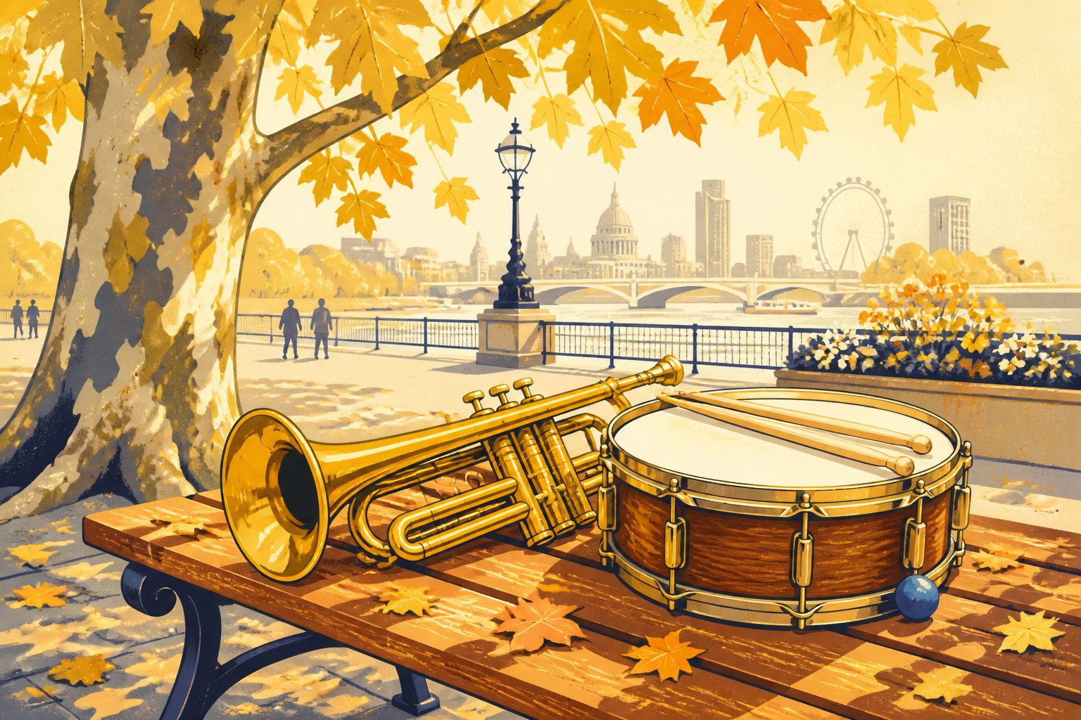 A gleaming brass trumpet resting beside a snare drum and wooden drumsticks on a low oak bench near a park lamppost in bright morning sunshine