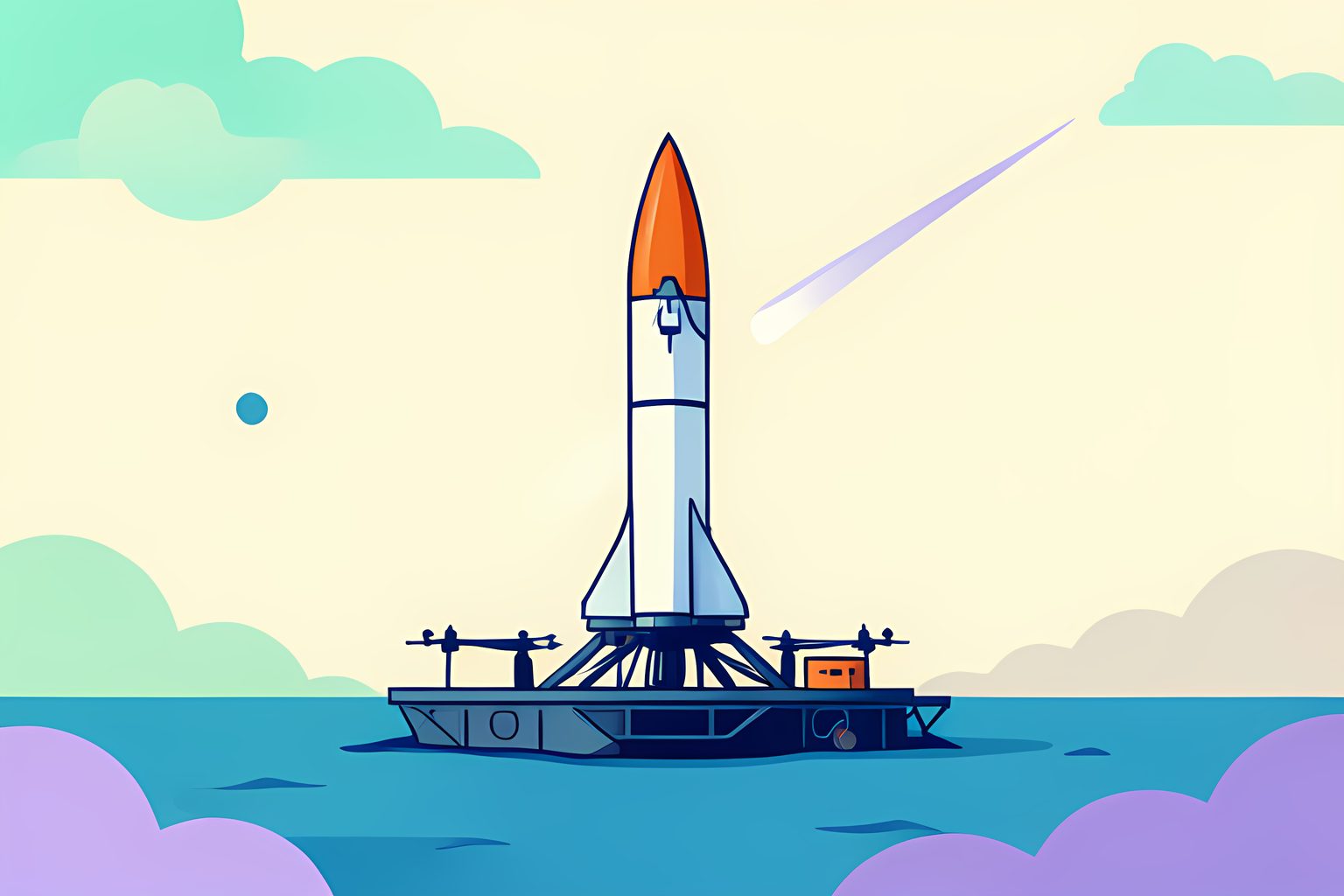 A spent rocket booster standing upright on a drone ship in the open ocean at sunrise, a second rocket streaking into a pale sky behind it.