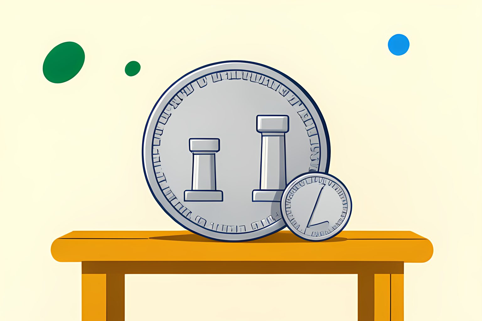 A large old silver coin resting on a low wooden table in warm side light, neatly cut into eight wedge-shaped pieces with two of the wedges slid slightly apart from the rest.