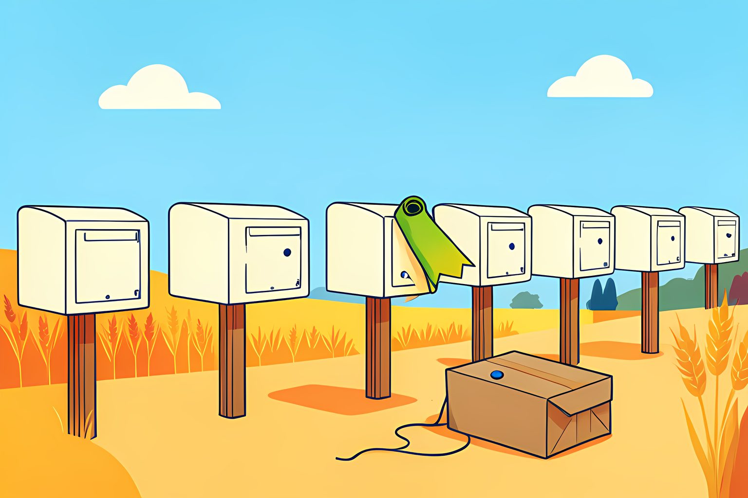 A long sunny row of identical plain mailboxes on wooden posts, with one mailbox holding a rolled green and gold banner that clearly belongs somewhere else.