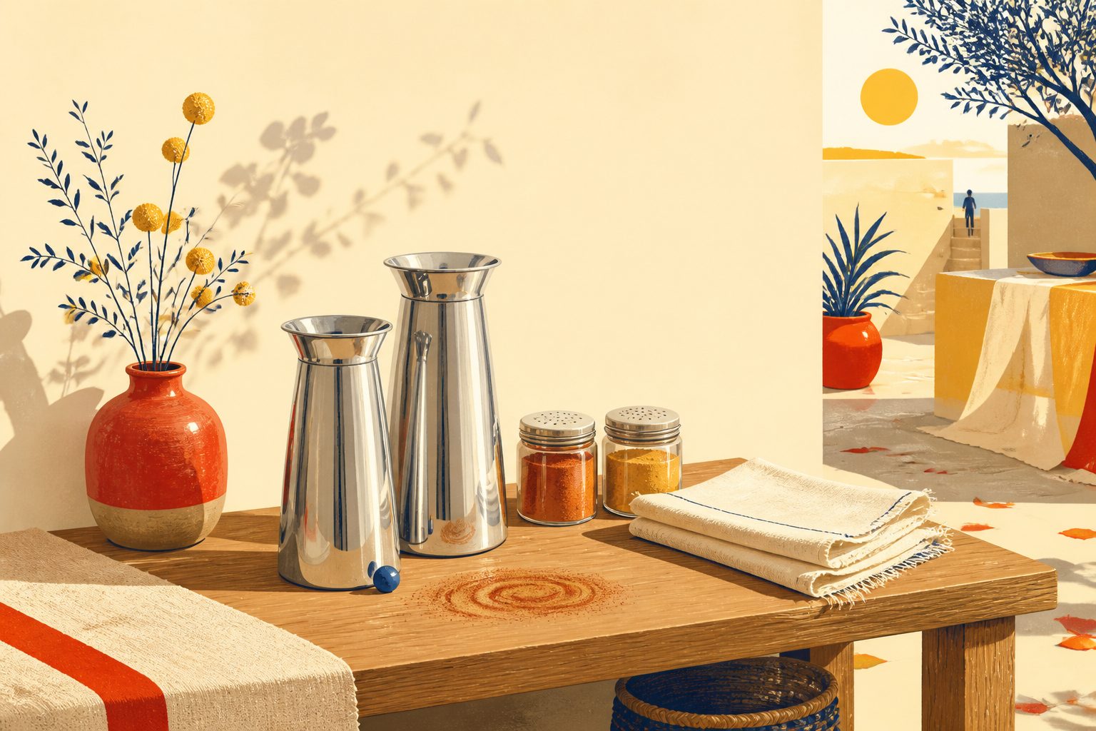A bright vector illustration of a tidy wooden coffee condiment counter with chilled metal carafes, cinnamon shakers, glass jars, and small spoons.