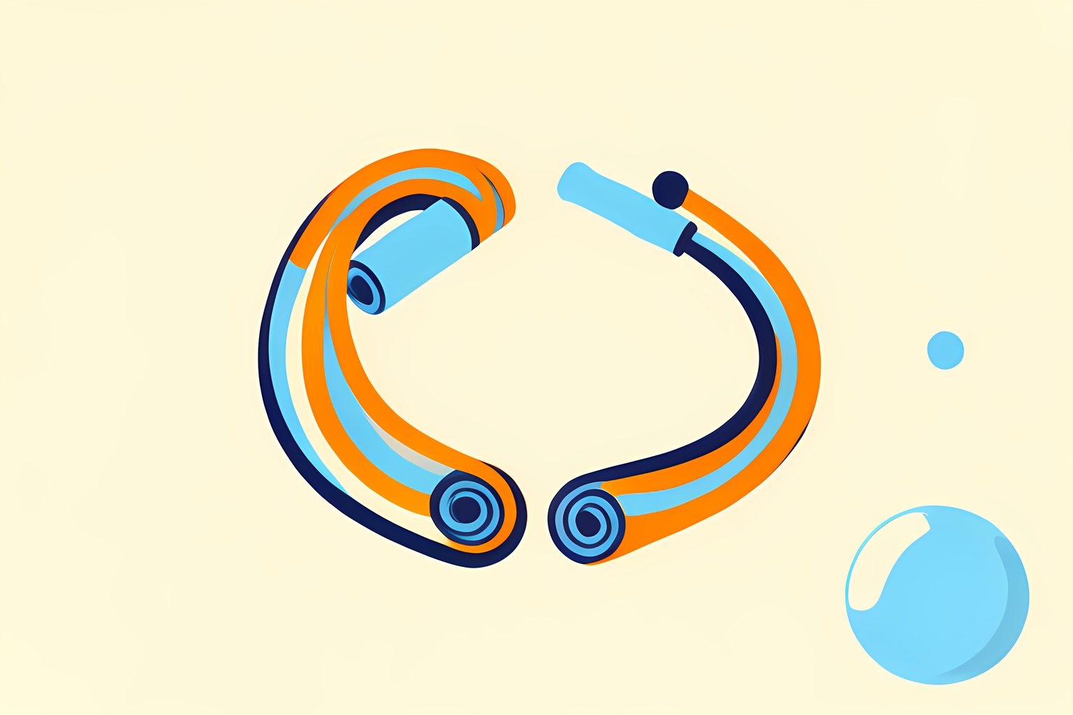 A bright flat editorial illustration of four unbranded exercise objects arranged in a looping path: a hand weight, a jump rope, a soft exercise mat and a small exercise ball.