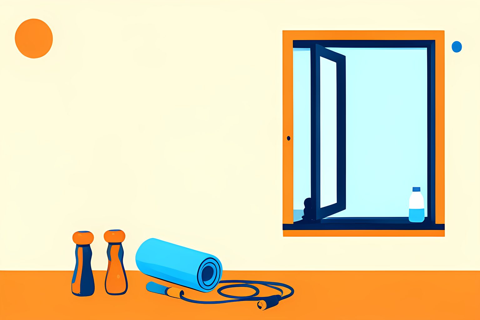 A bright flat editorial illustration of an empty sunlit exercise studio with unbranded hand weights, a rolled mat, a jump rope and a small round blue dot on the floor.