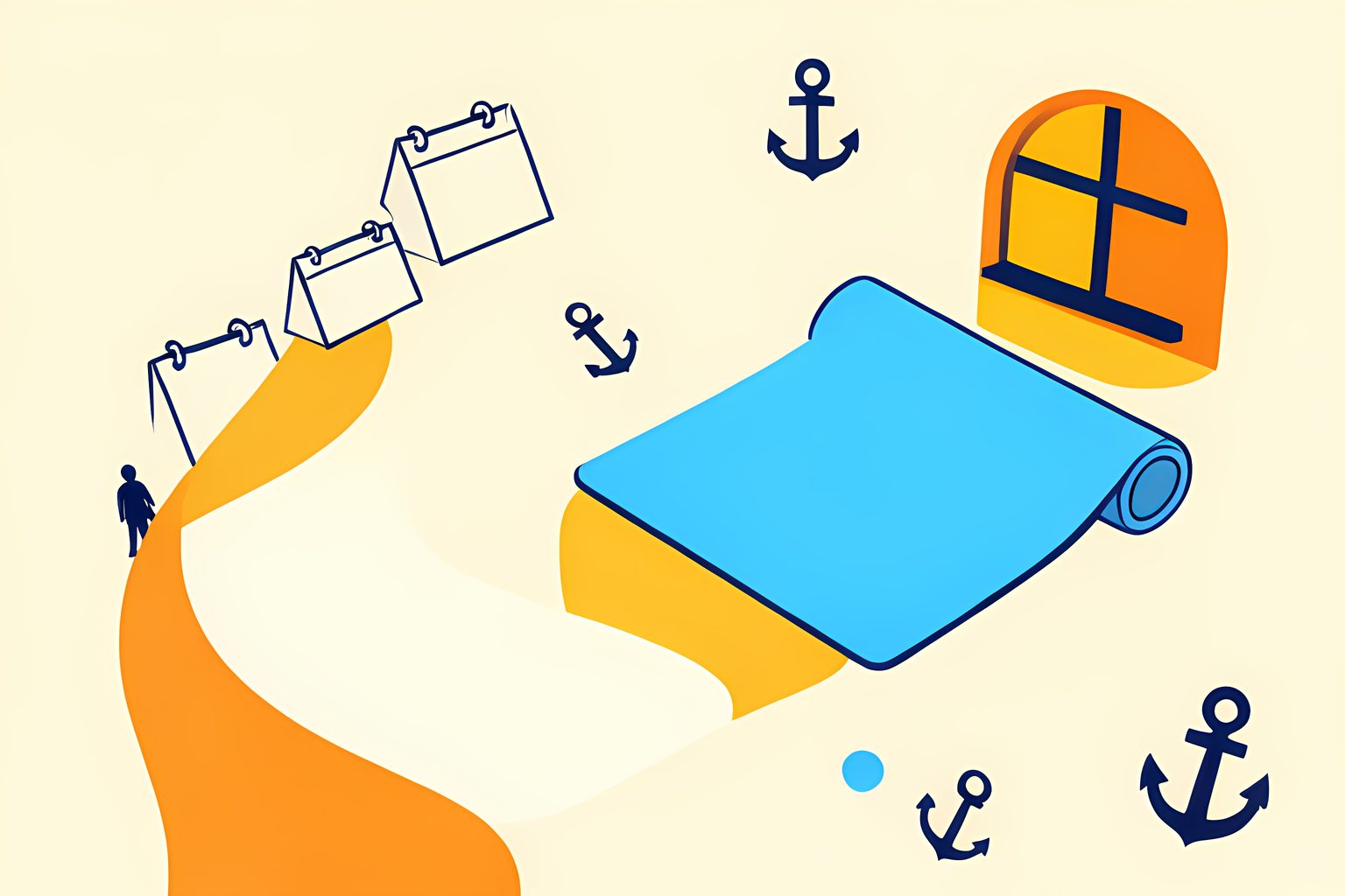 A bright flat editorial illustration of a blank calendar page, a small pair of unbranded hand weights and a skipping rope arranged along a gently curving path.
