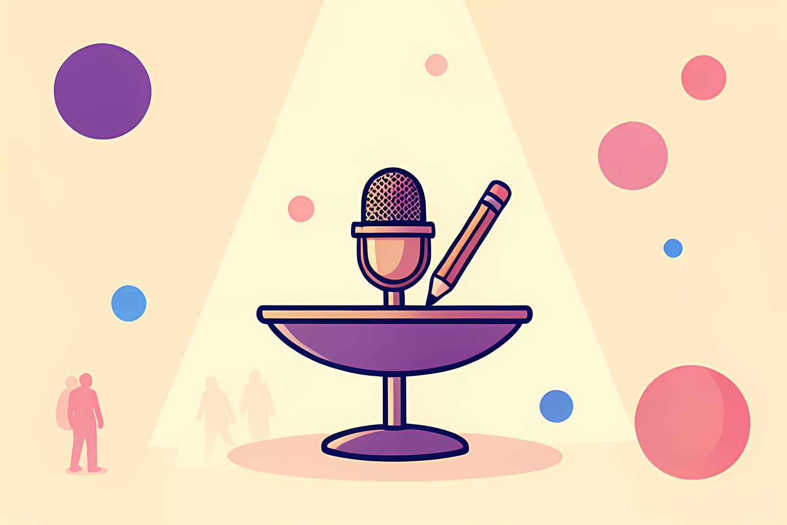 A studio microphone and a reporter's pencil meeting at the center of a balancing scale beneath a warm spotlight.