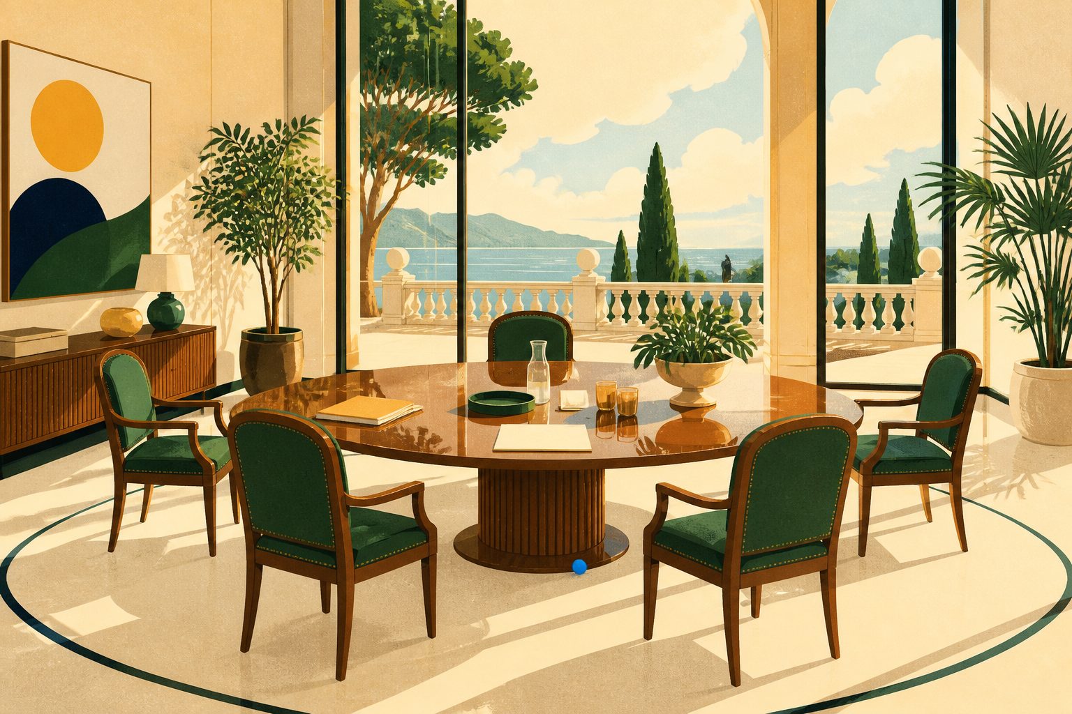 A warm stylized editorial illustration of a leather-bound meeting folder and five wooden nameplate blocks arranged on a sunlit conference table.