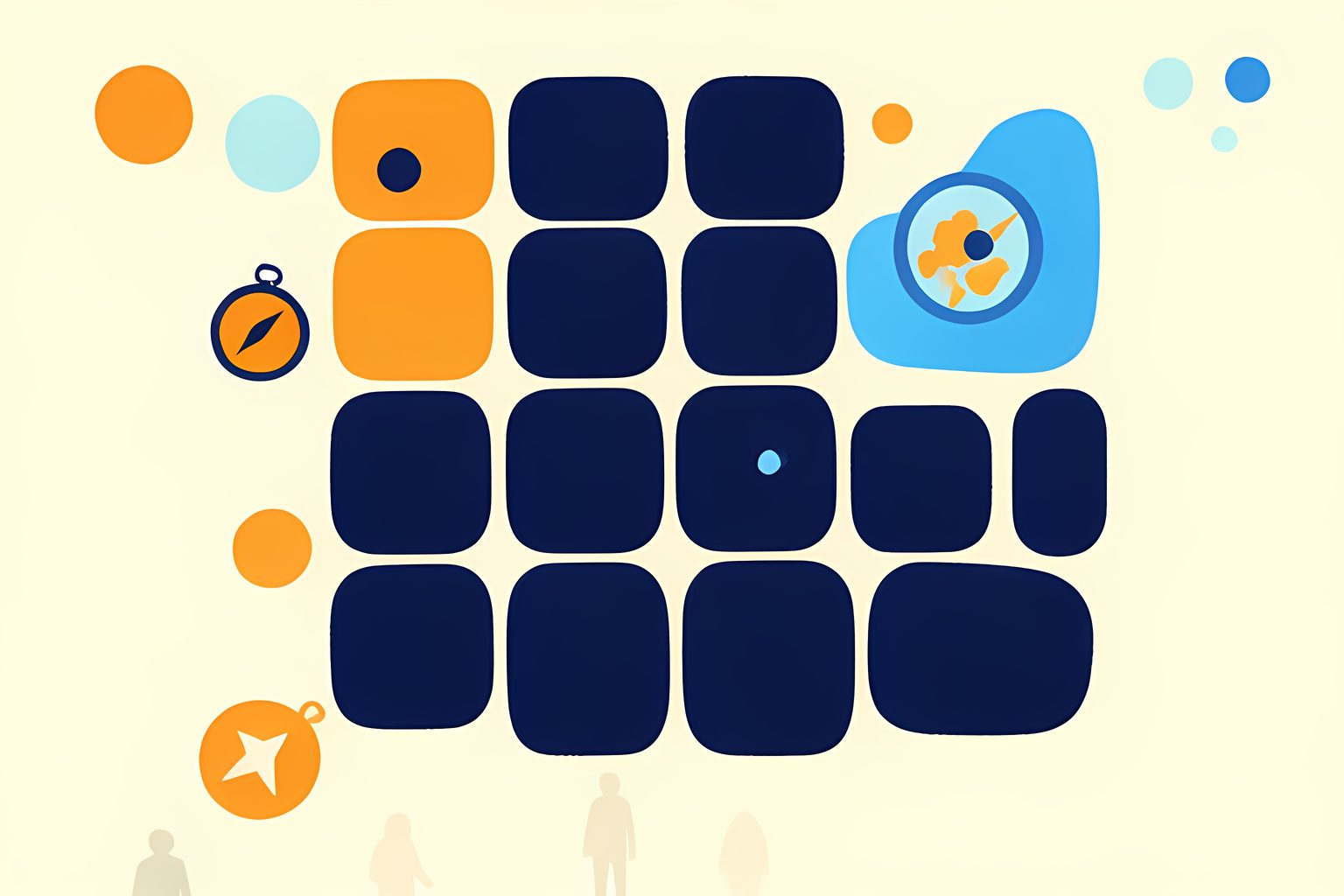 A warm illustrated map of a blank six-by-eight field of stepping stones, with a small orange compass at one edge and a blue ring around a distant cluster.