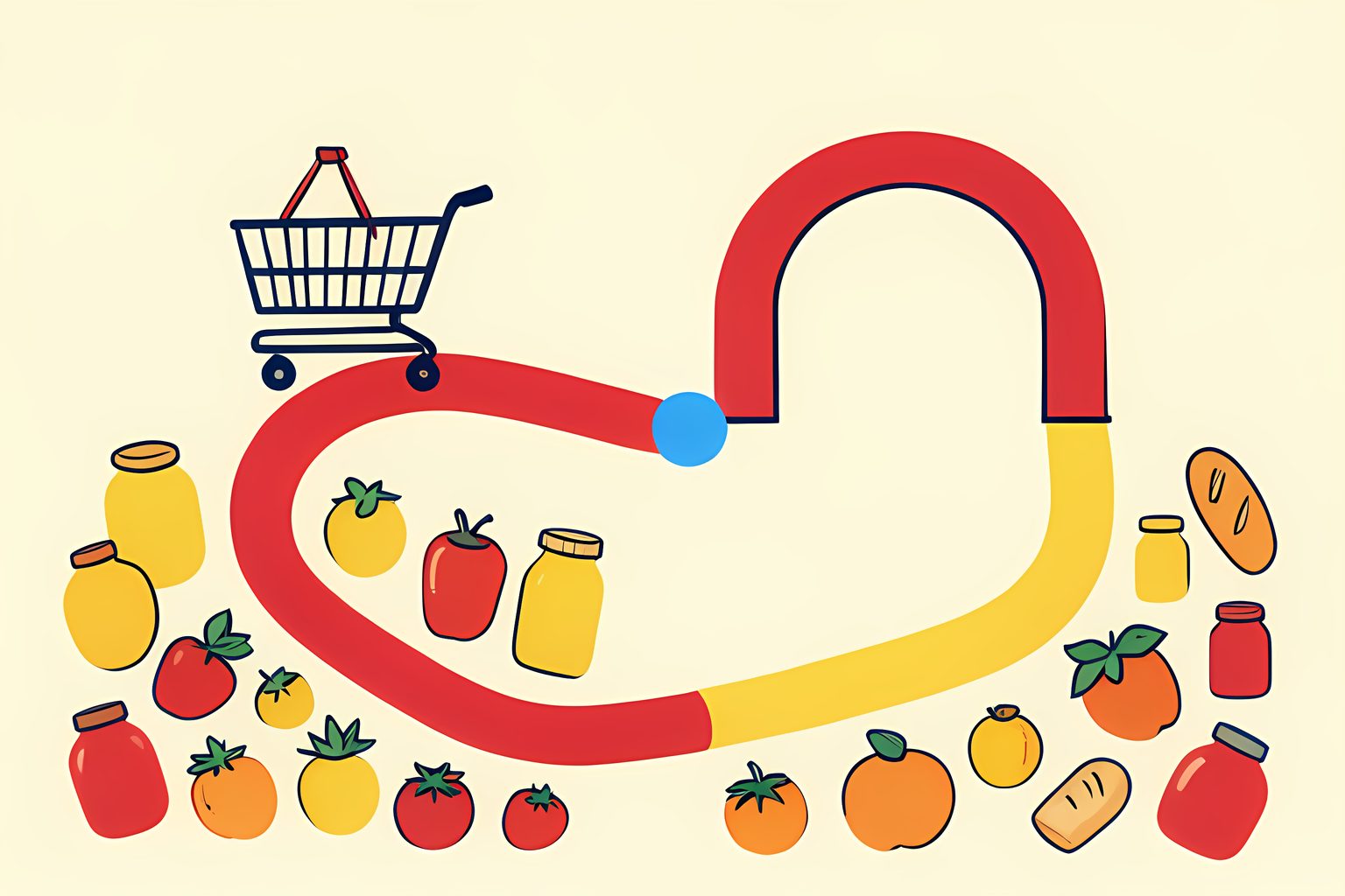 An abstract sunny diagram with a small grocery basket and a larger unmarked cart on neighboring looping paths that meet at a single checkout arch.