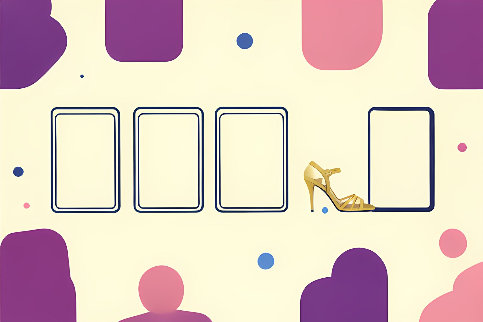 A bright flat pattern on warm cream: a tidy row of five identical blank film-slate boards standing upright, four drawn in plain ink-navy outline and the last replaced by a single gold strappy high-heeled sandal, plum and pink accents.