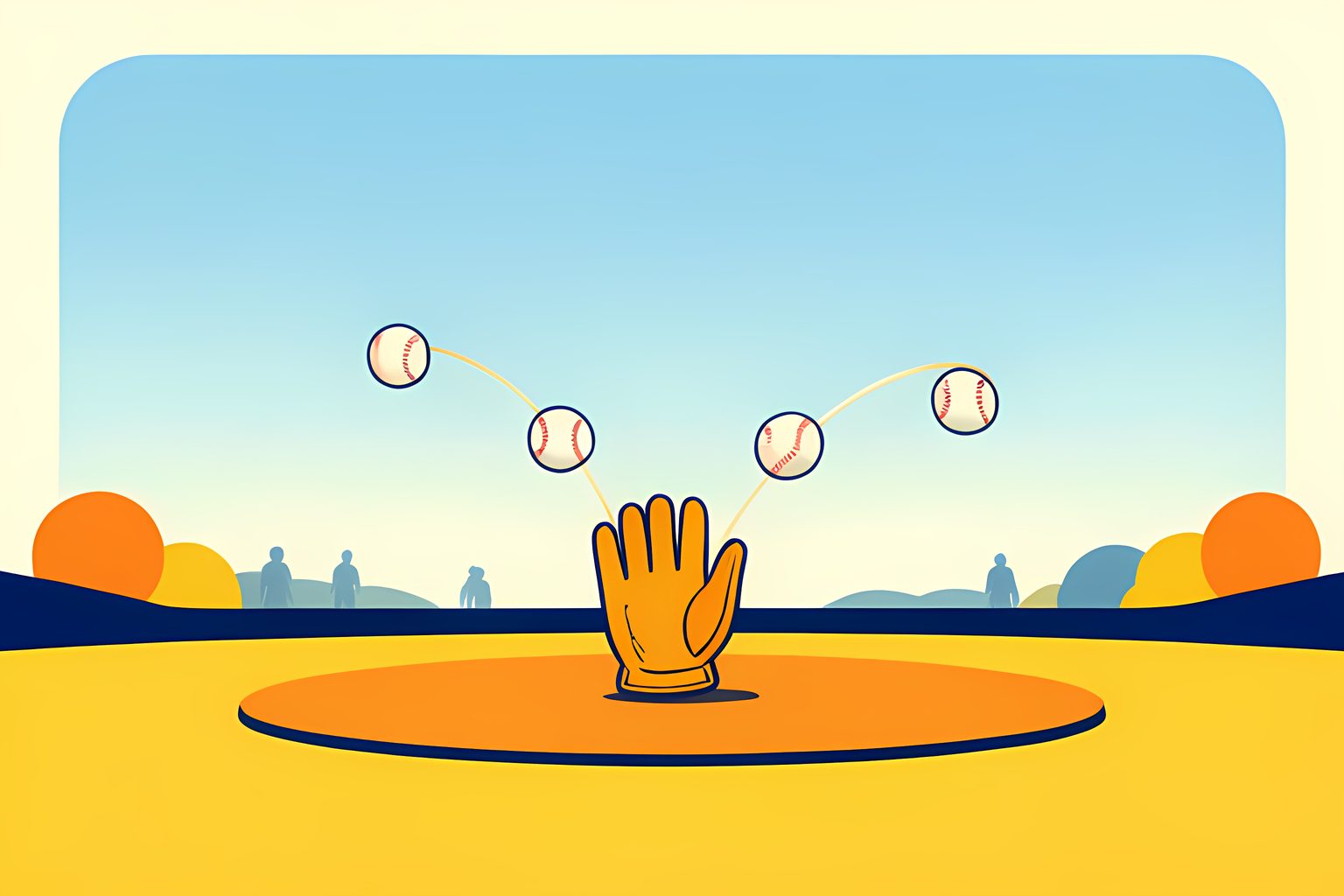 An empty sunlit ballpark with four baseballs tracing different arcs toward one plain glove on the mound.