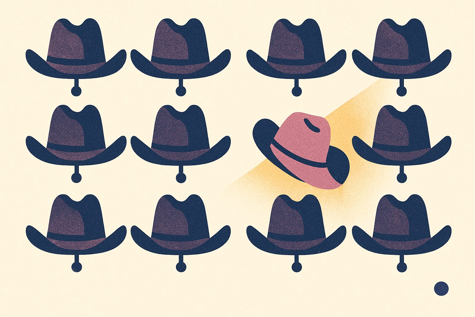 Stylized illustration of a tidy grid of identical navy cowboy hats on wall pegs, with one pink hat hanging askew in a warm spotlight.