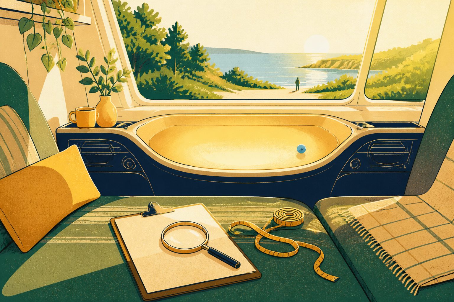 A text-free, person-free still life of a car dashboard where a steering wheel would normally sit, replaced by a smooth glowing console, with a small blank clipboard and a magnifying glass resting on the seat beside it.