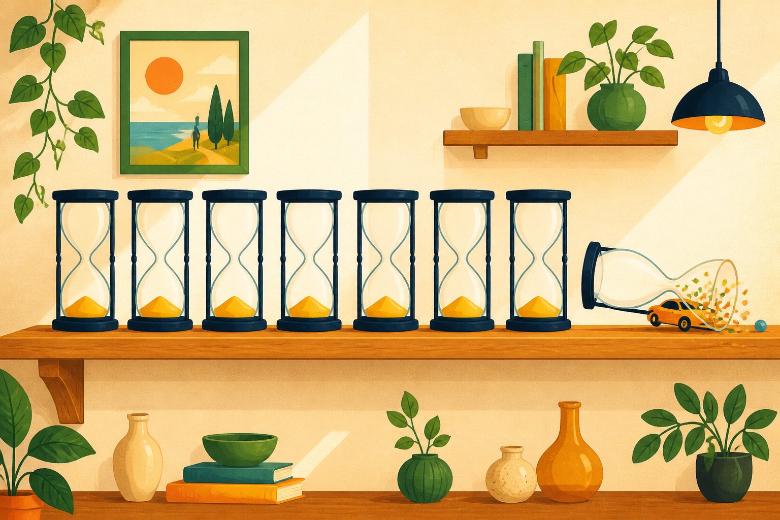A text-free, person-free pattern of identical blank hourglasses in a row on a warm shelf, with the last one tipped on its side spilling confetti and a tiny unbranded sports car instead of sand.