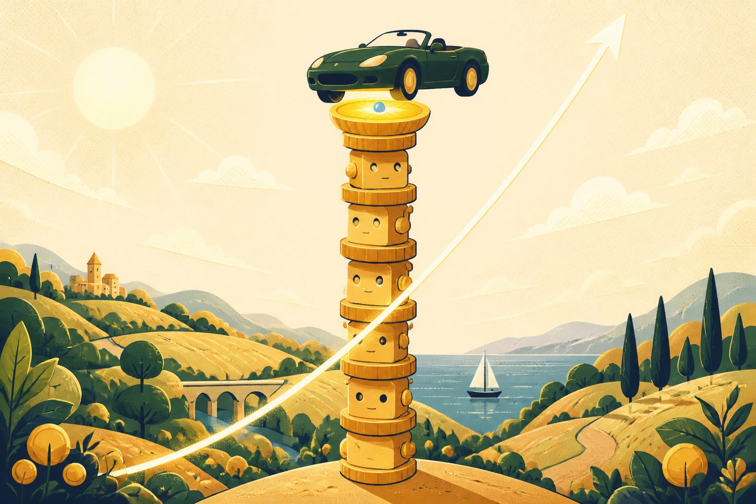 A text-free, person-free illustration of an unbranded car balanced on top of a tall, precarious tower of stacked gold coins and small rounded robot shapes, rising into a bright morning sky.