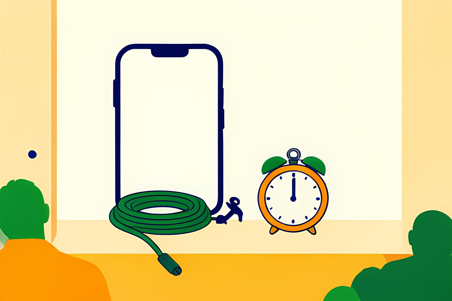 A sunny, person-free windowsill with a blank phone-shaped tile, a coiled cable, a small amber clock without markings, and a tiny blue dot.