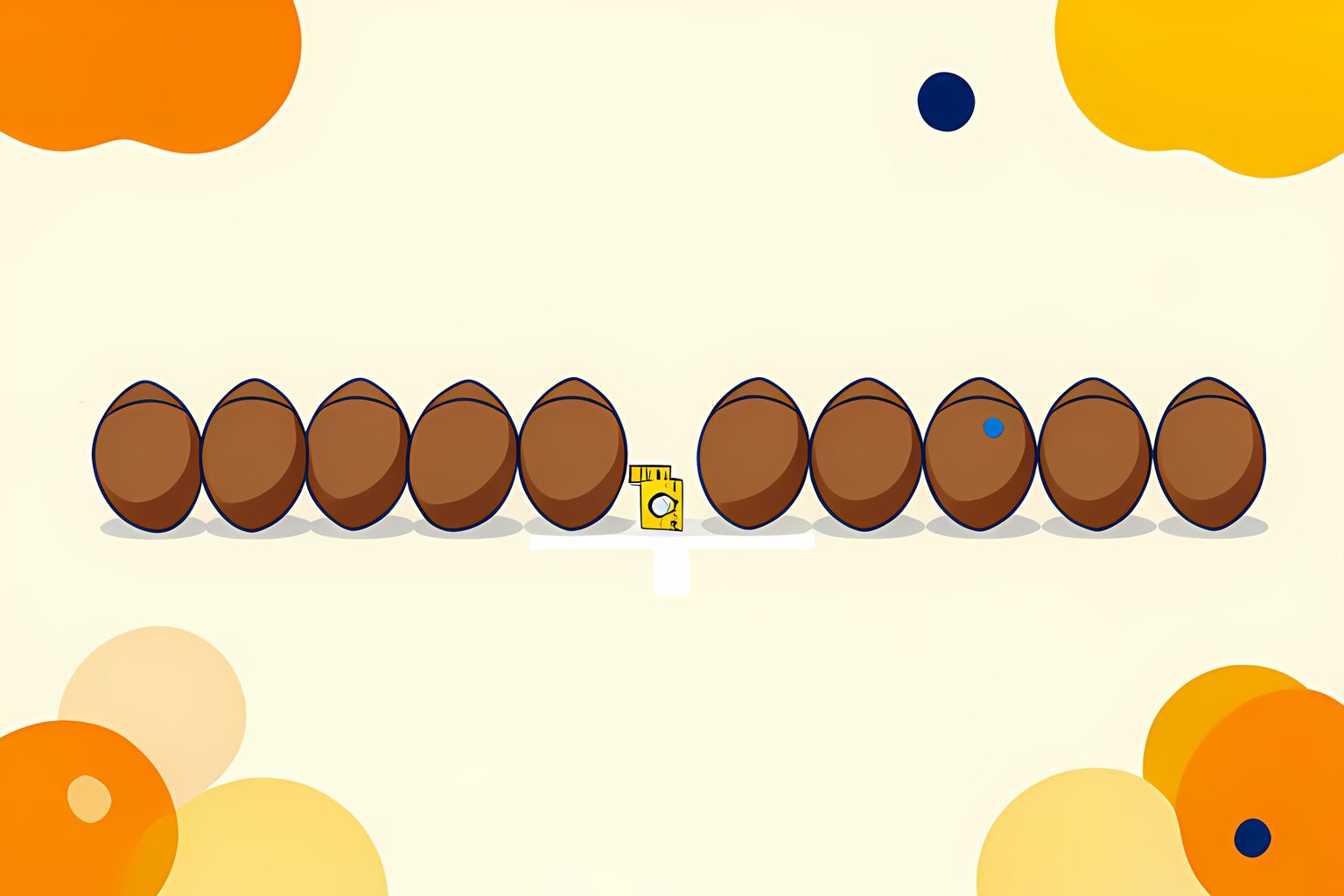 A tidy repeating row of identical plain footballs lined up across a sunny cream floor, with one football sitting just short of a white chalk line at the end of the row.