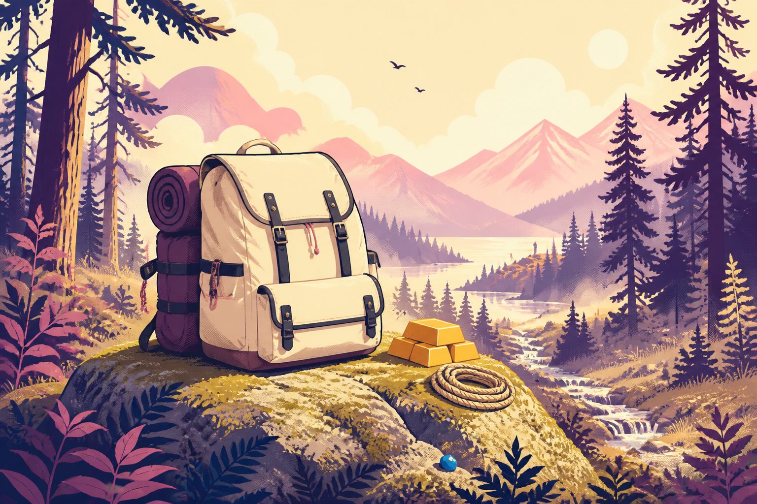 A stylized canvas pack and heavy gold bullion bars resting on a sunlit mossy boulder in a misty pine forest under warm morning light