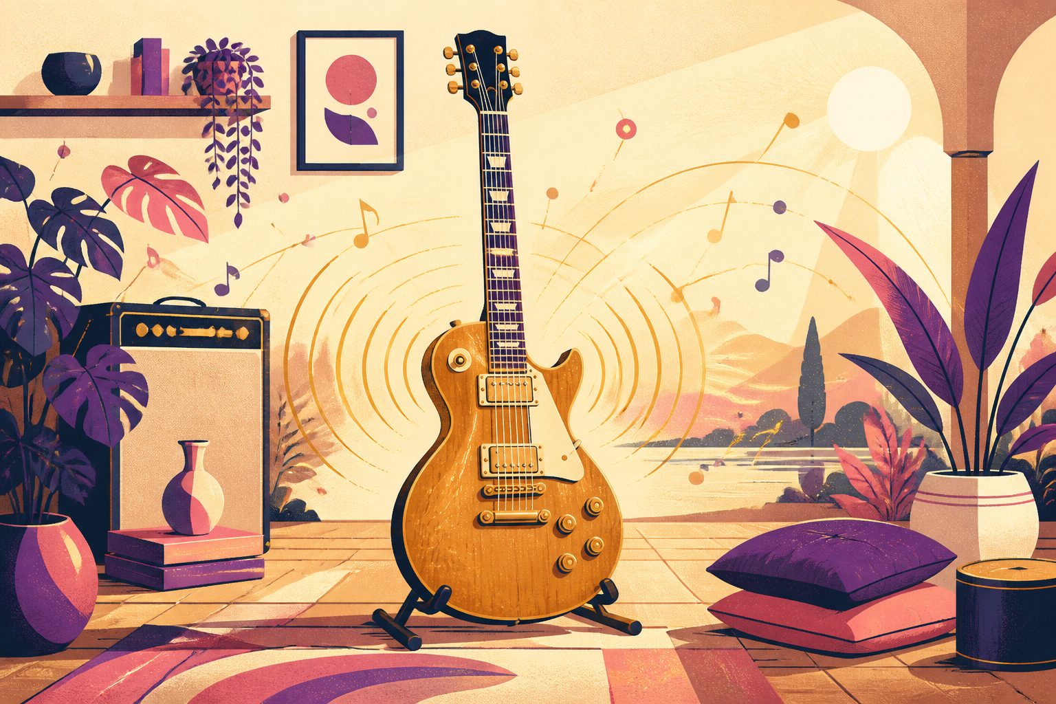 A sunlit electric guitar resting on a wooden stand in front of a soft lavender studio backdrop