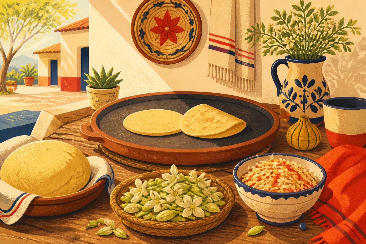 A warm sunlit community kitchen counter with fresh corn masa, green loroco flowers, and a steaming clay griddle next to a wooden press on cream background