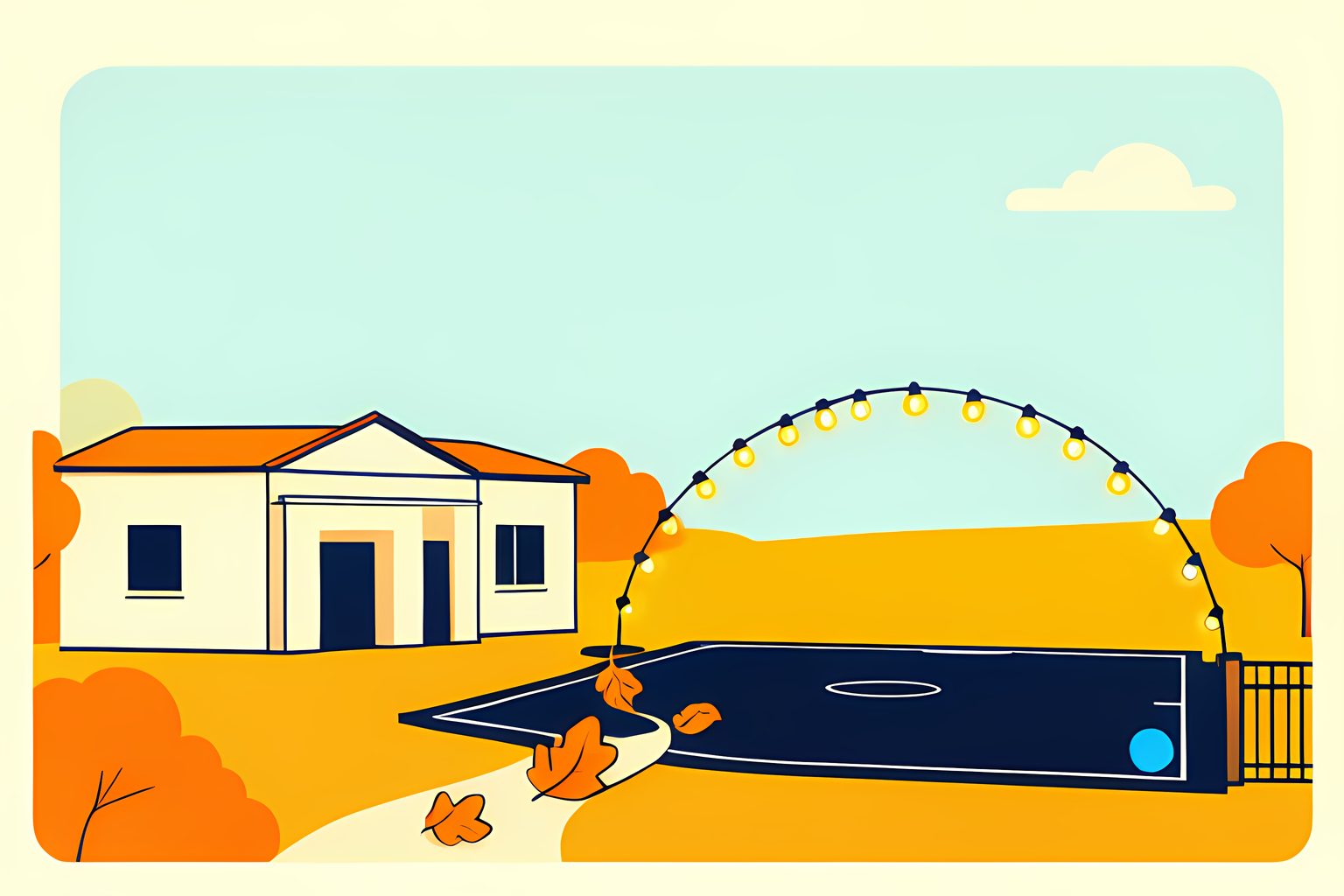 A text-free, sunny editorial scene of a blank football field beside a cream academic building, linked by a long arch of small glowing lights.