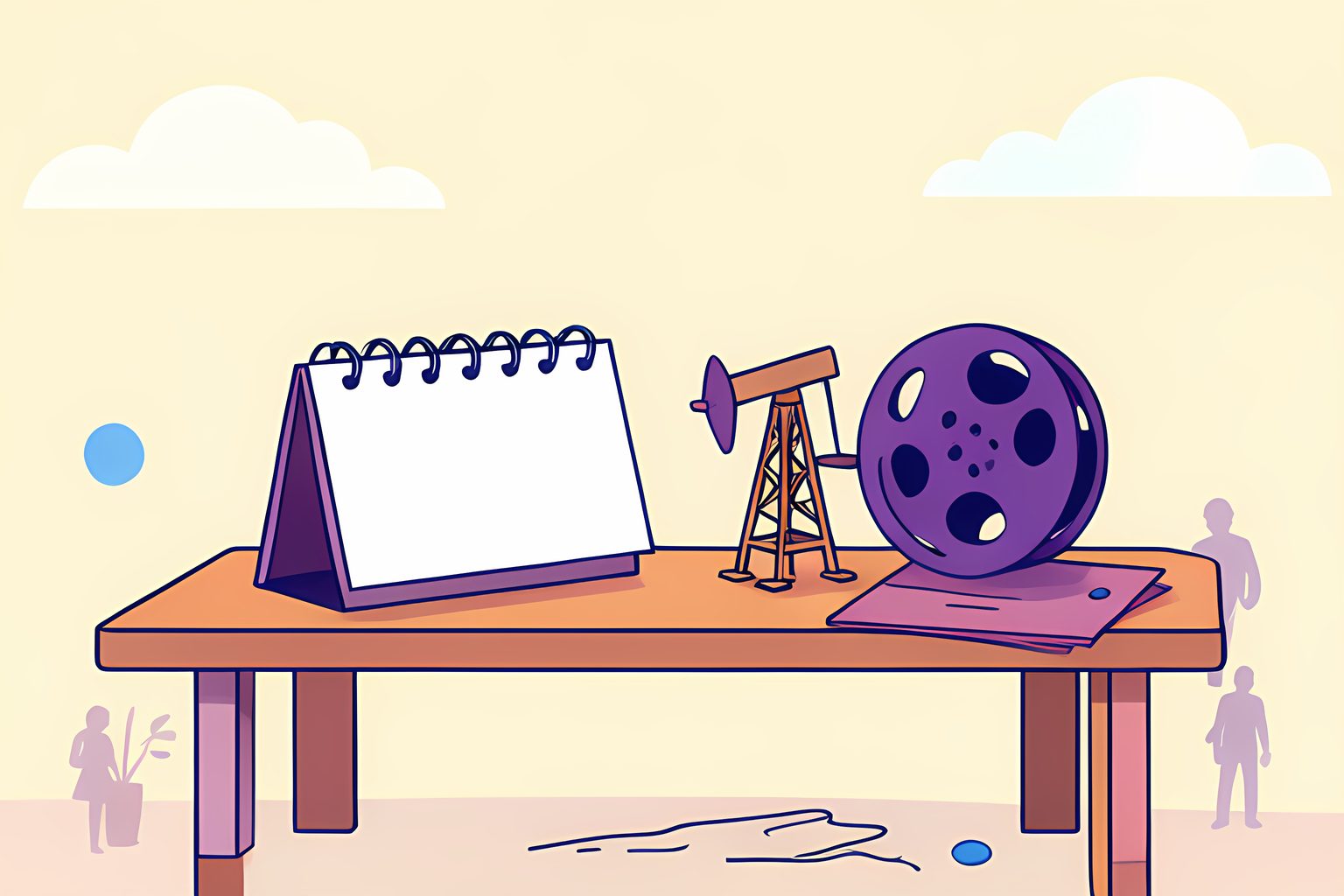 A bright West Texas worktable beneath a broad cream sky, with a small oil derrick model, blank calendar pages, a purple film reel and a tiny blue dot.