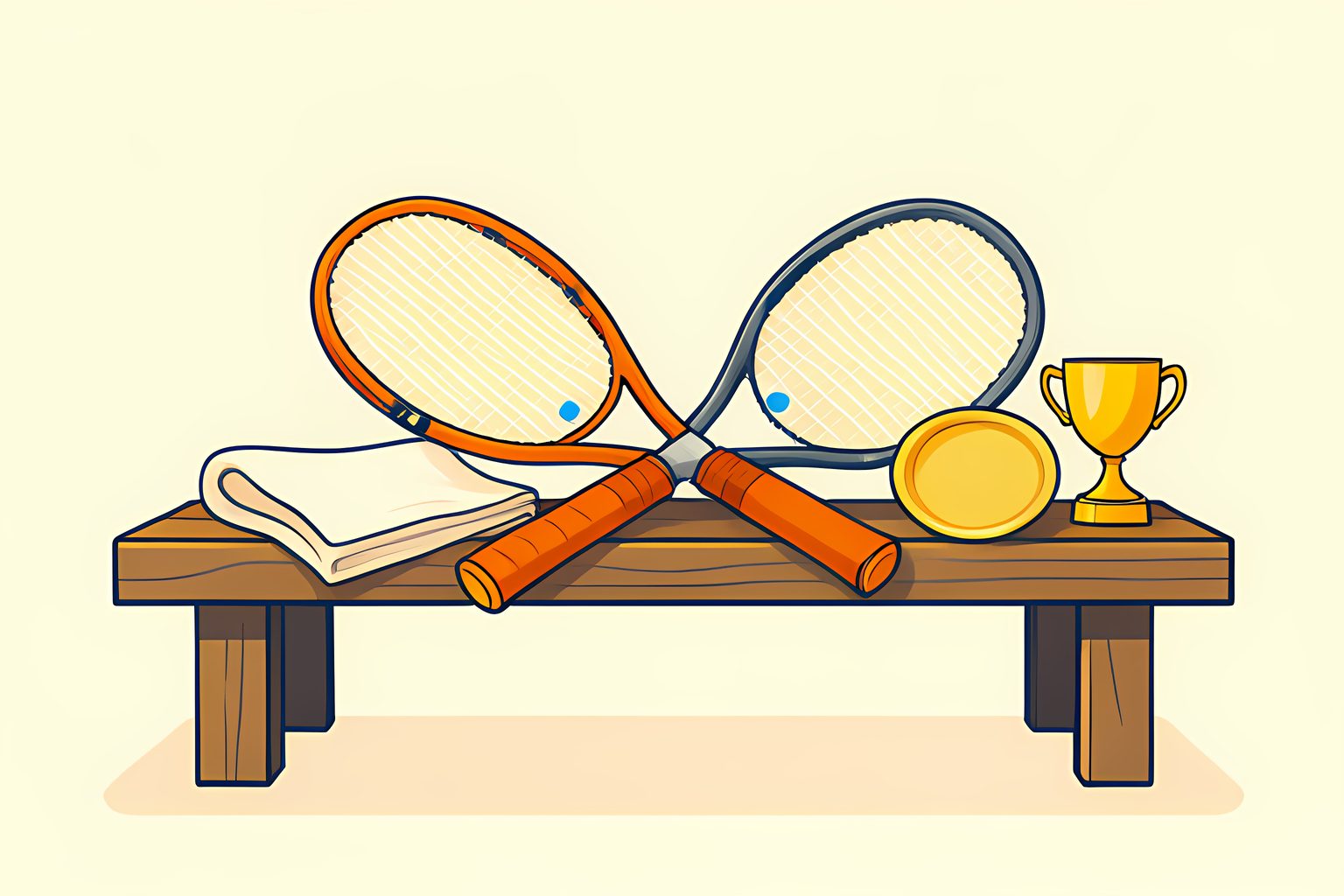 Still life of vintage and modern tennis racquets resting side by side on a warm wooden courtside bench in Athens morning side light