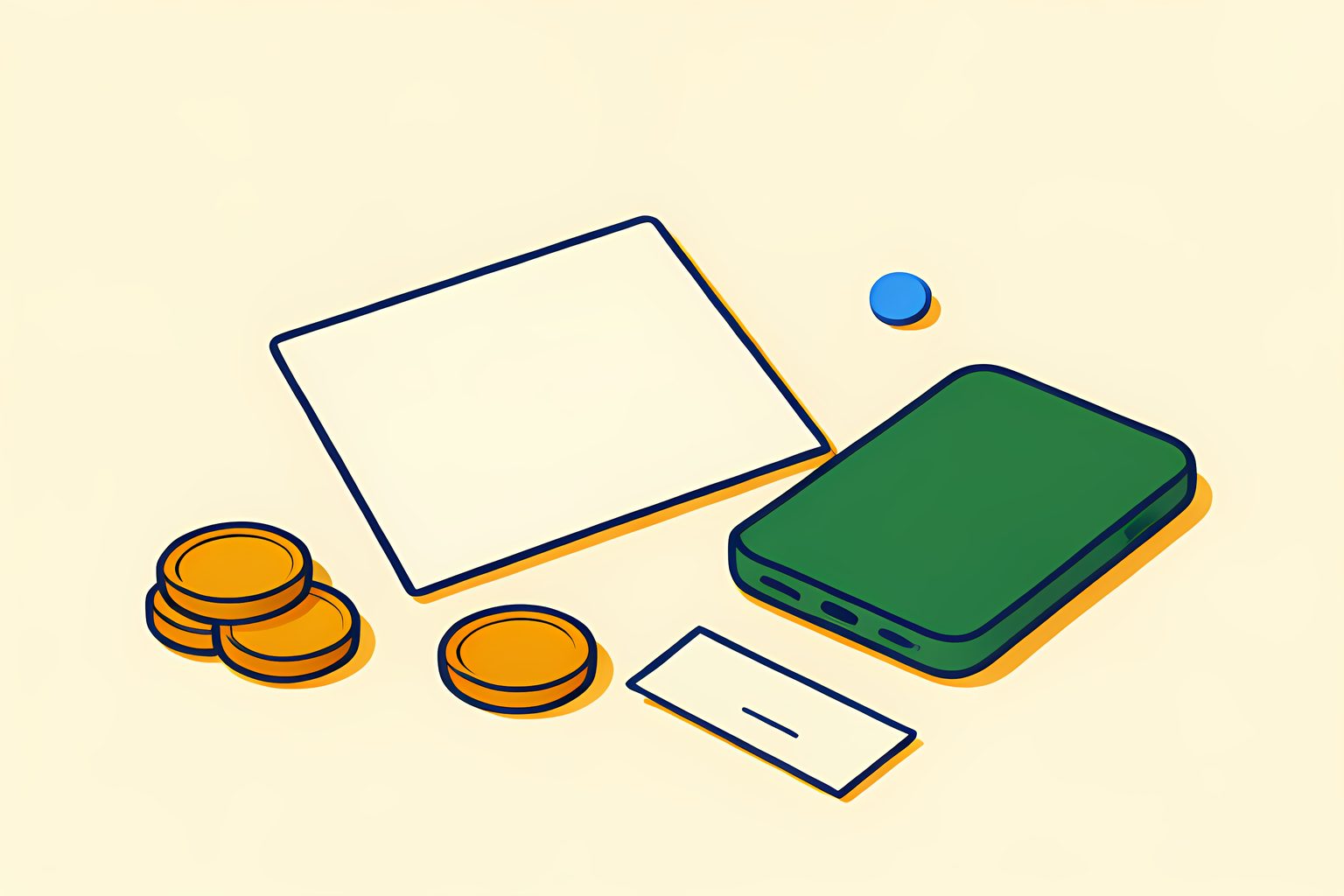 A warm low-table still life of a blank envelope, a few amber coins, and a small unmarked cream note, a soft forest-green phone resting face down beside them, one tiny round blue dot, sunny side light, no text or people.
