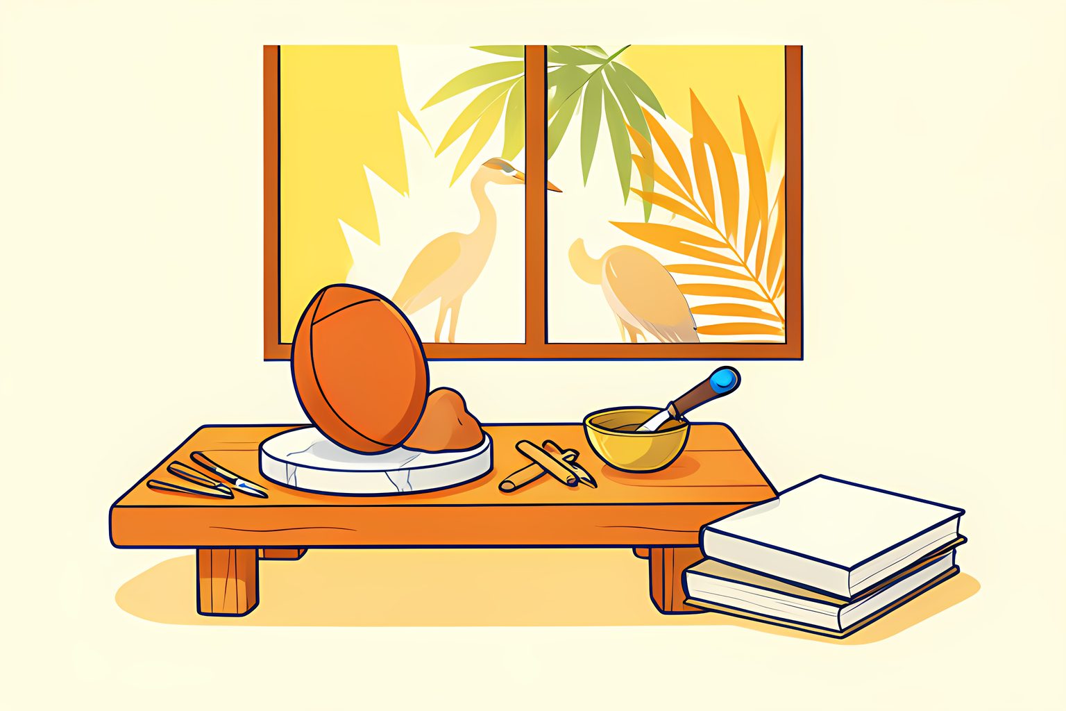 Illustration of a sculptor's sunny workbench with a lump of clay, blank anatomy books, carving tools and a football resting on a round marble base.
