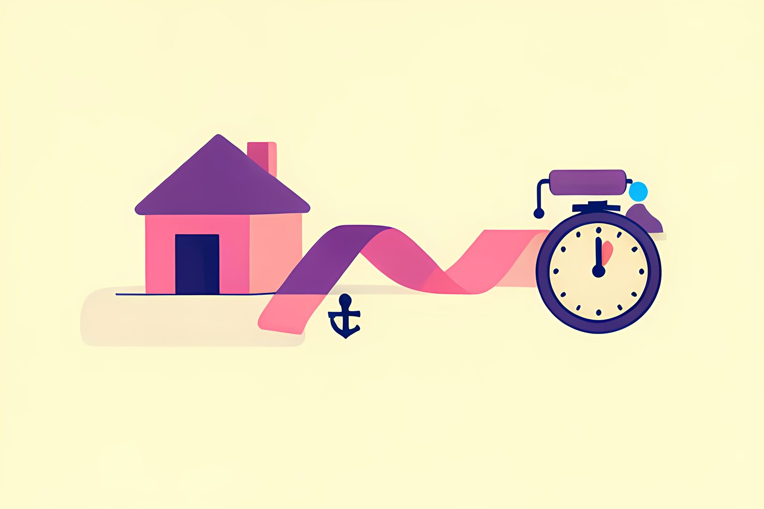 A bright, person-free diagram-like illustration of a small blank cottage flowing along plum and dusk-pink ribbons toward an unmarked paint roller, a plain sand timer and a tiny blue bead on a warm cream background.