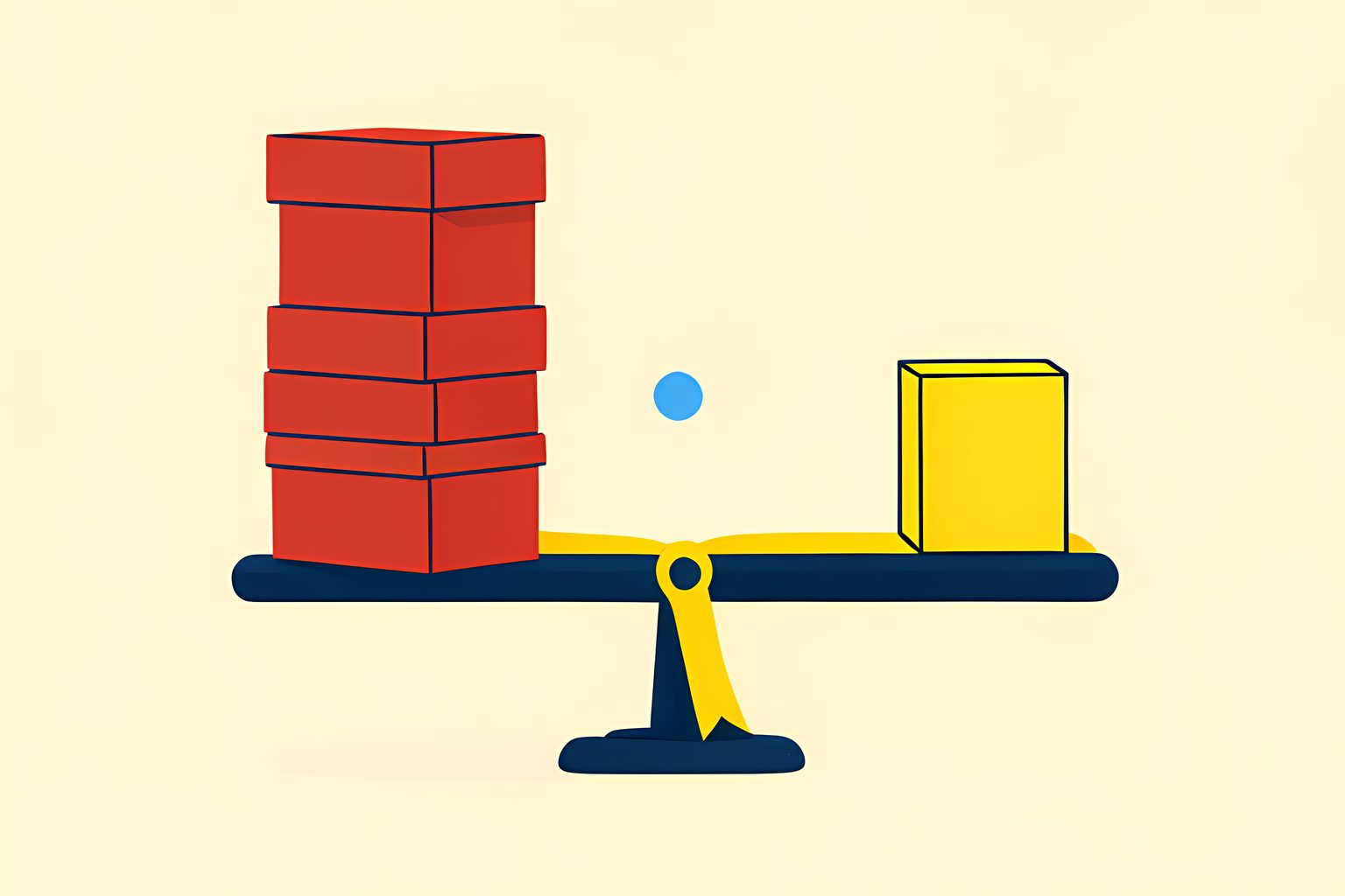 A balance scale with a tall stack of plain cookie boxes on one side and a single small unmarked prize on the other, with a soft round blue dot, in tomato red and butter yellow on warm cream.