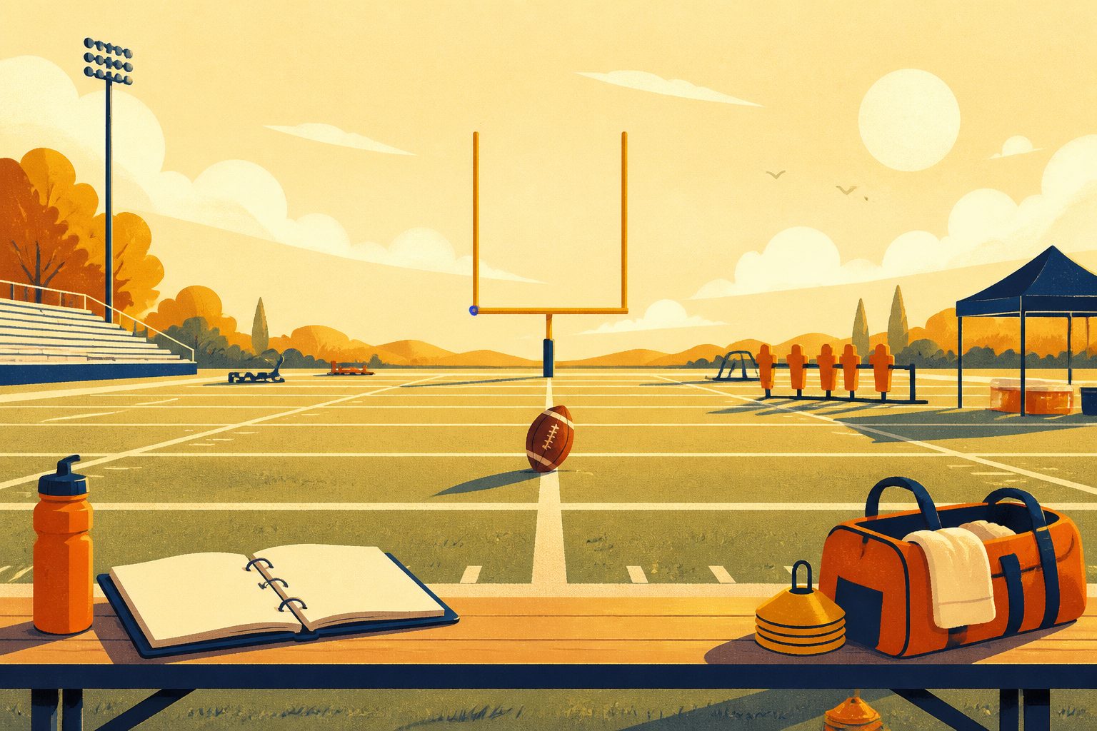 A football rests on the turf of an open stadium field at the fifty-yard line under bright morning sunlight