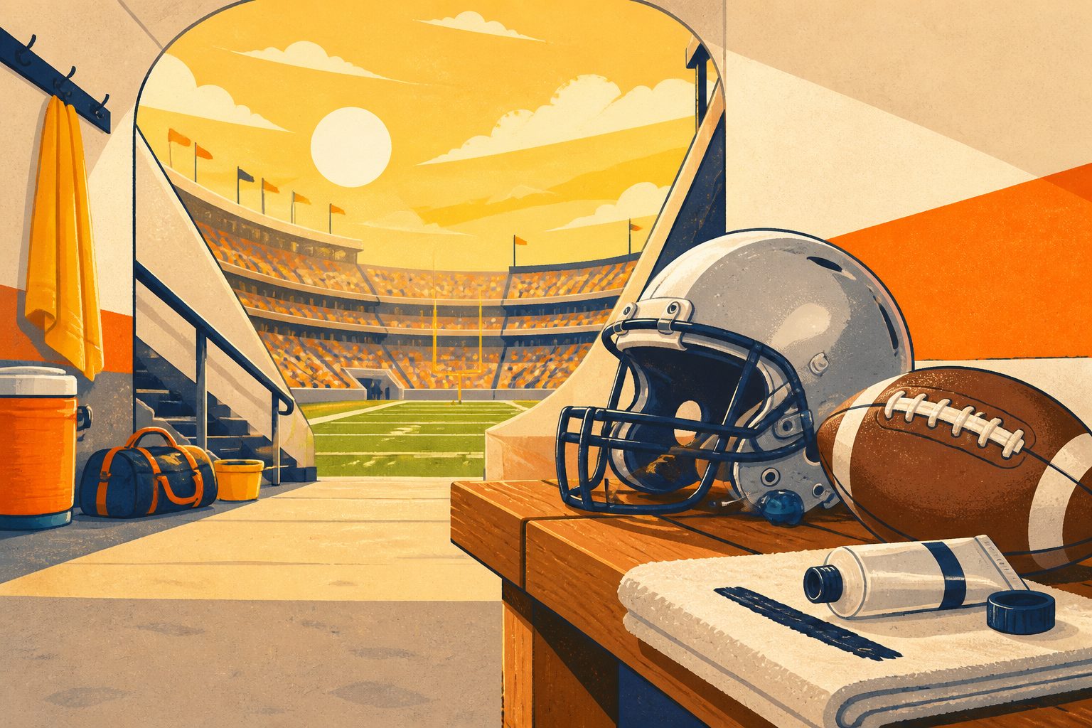A single streak of black eye paint angled across a clean silver helmet resting on morning turf beside a football