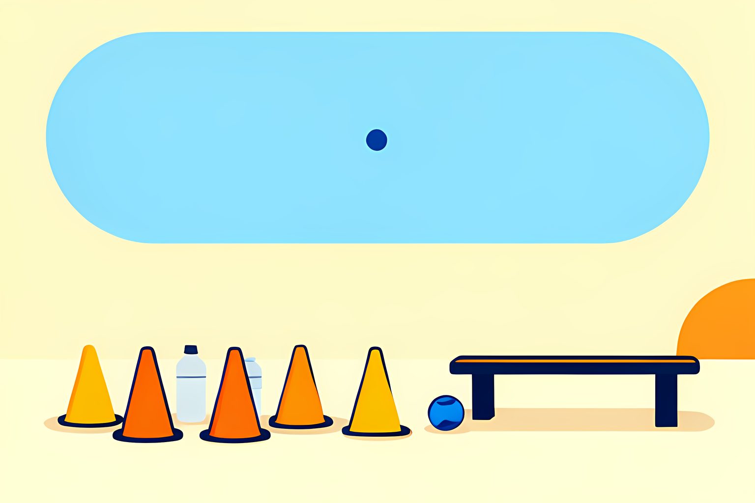 A sunny, empty football training ground with a tidy row of blank practice cones, unmarked water bottles and a small blue ball beneath a broad cream sky.