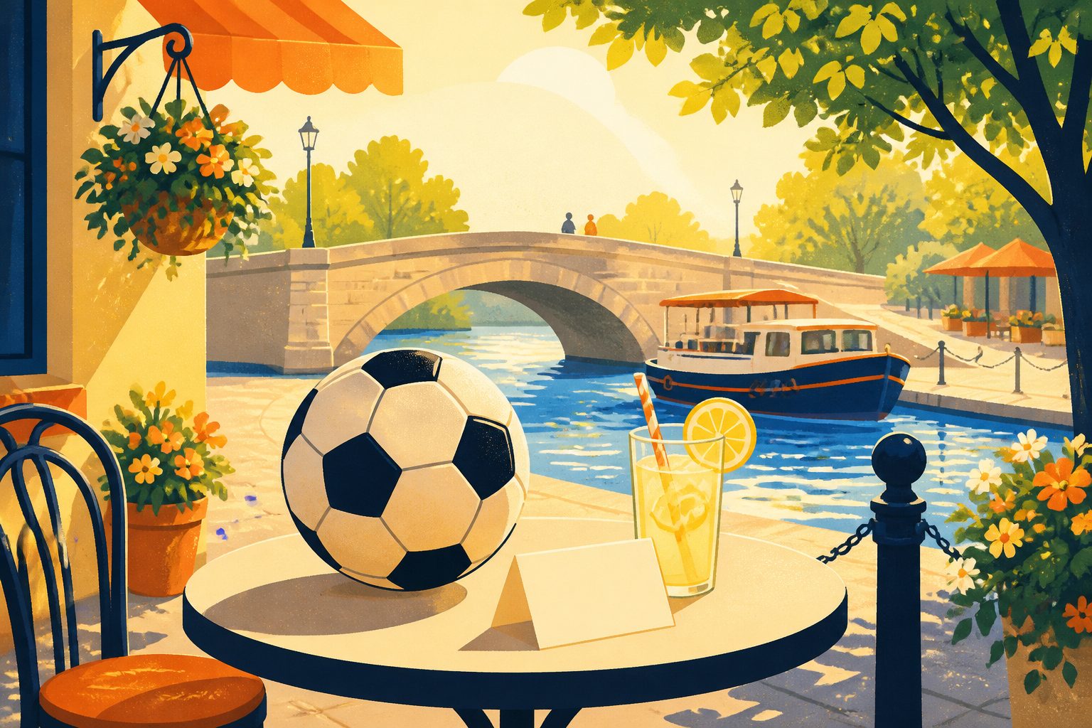 A small cafe table on a sunny riverside walkway holds a plain football, a glass of lemonade and a folded blank card, with a stone arched footbridge and a riverboat in the soft background.
