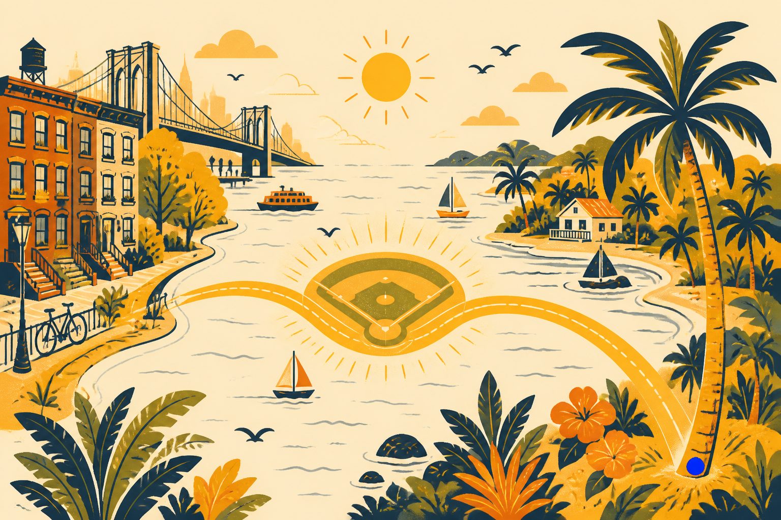 Stylized editorial illustration of a sunlit baseball diamond connected across the sea to Brooklyn brownstones and Caribbean palm trees.